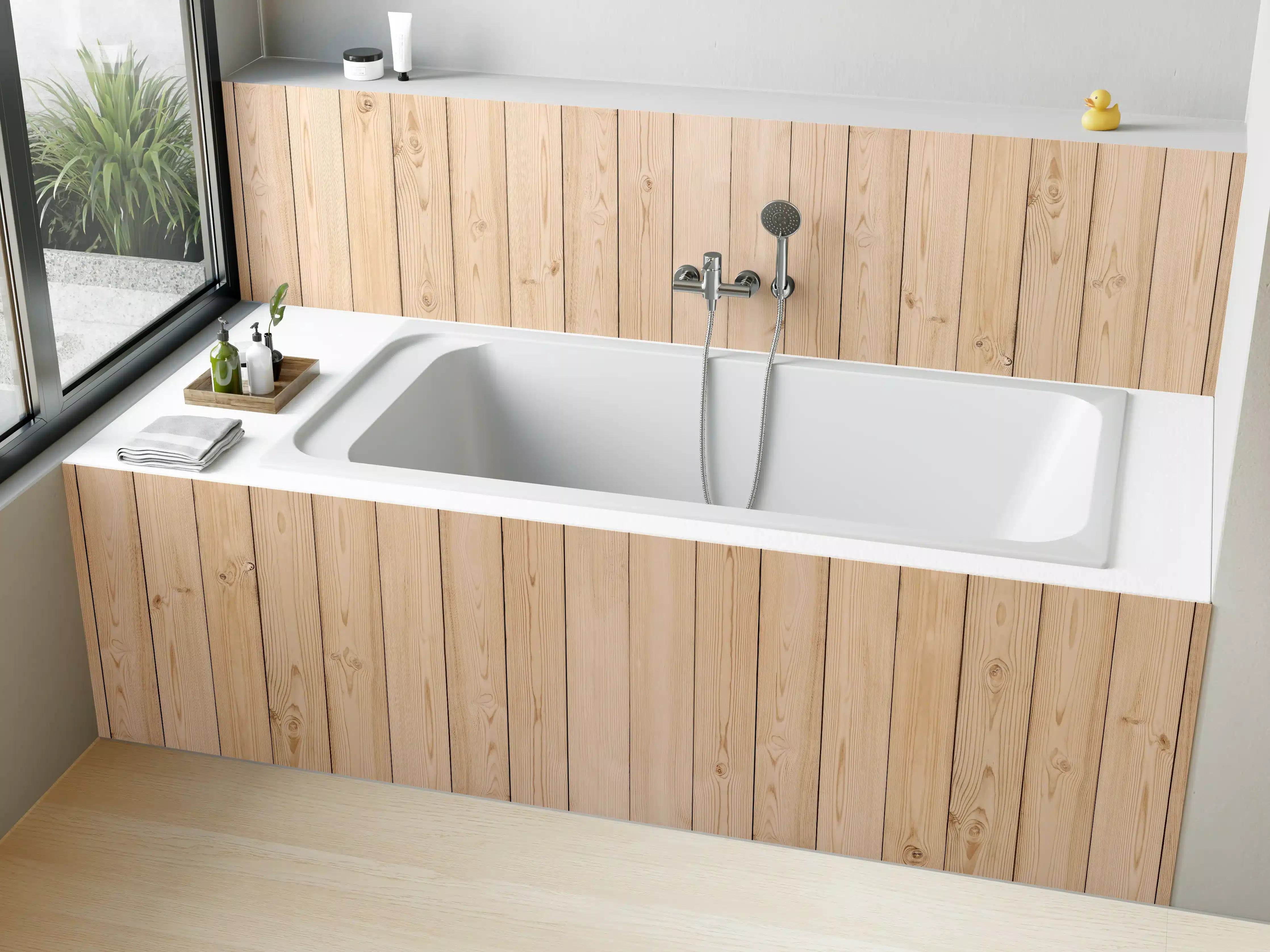 Badewannen-Rückwand - Helle Holzplanken 