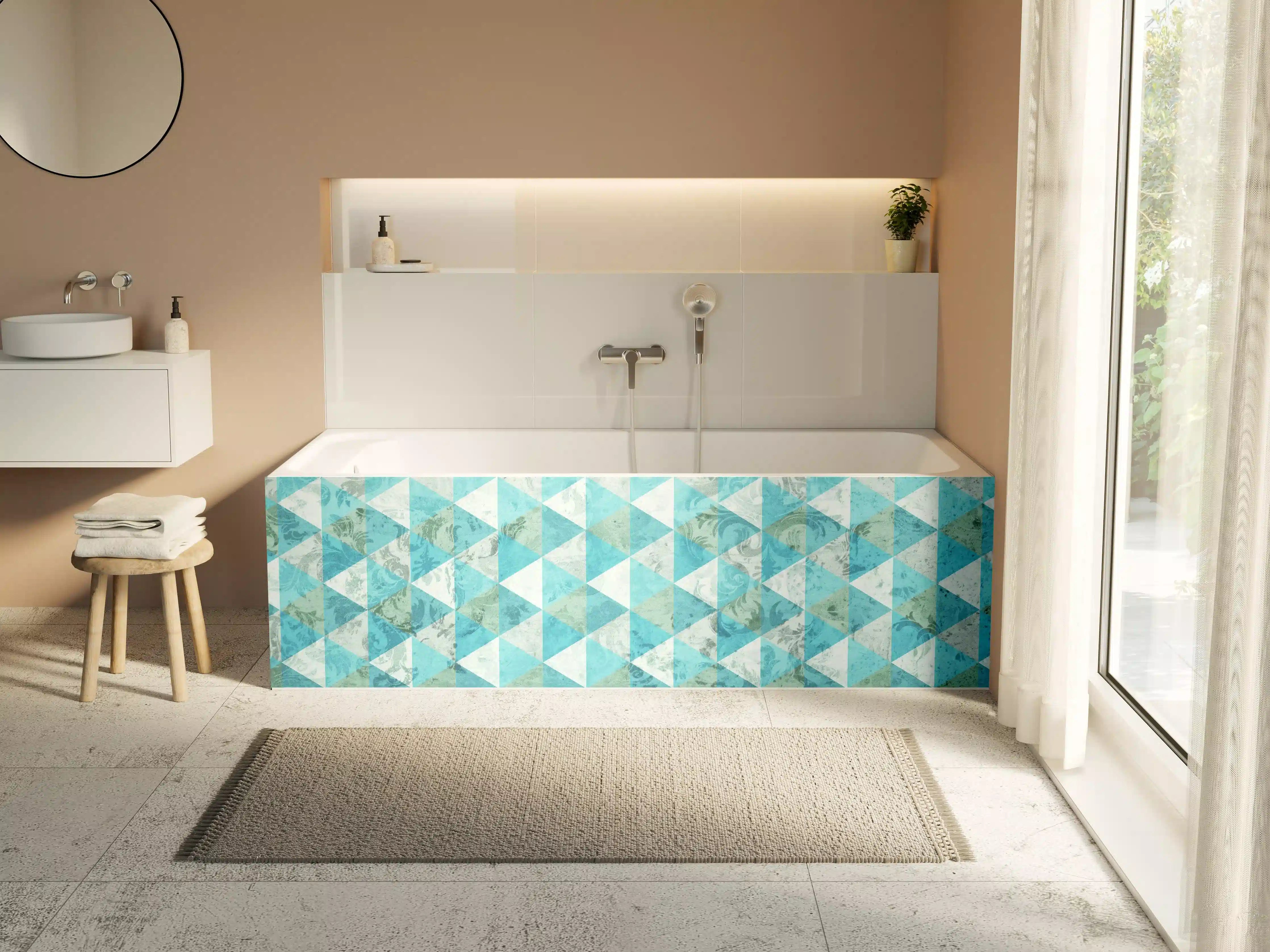 Badewannen-Rückwand - Helle geometrische Muster in Blau-Tönen