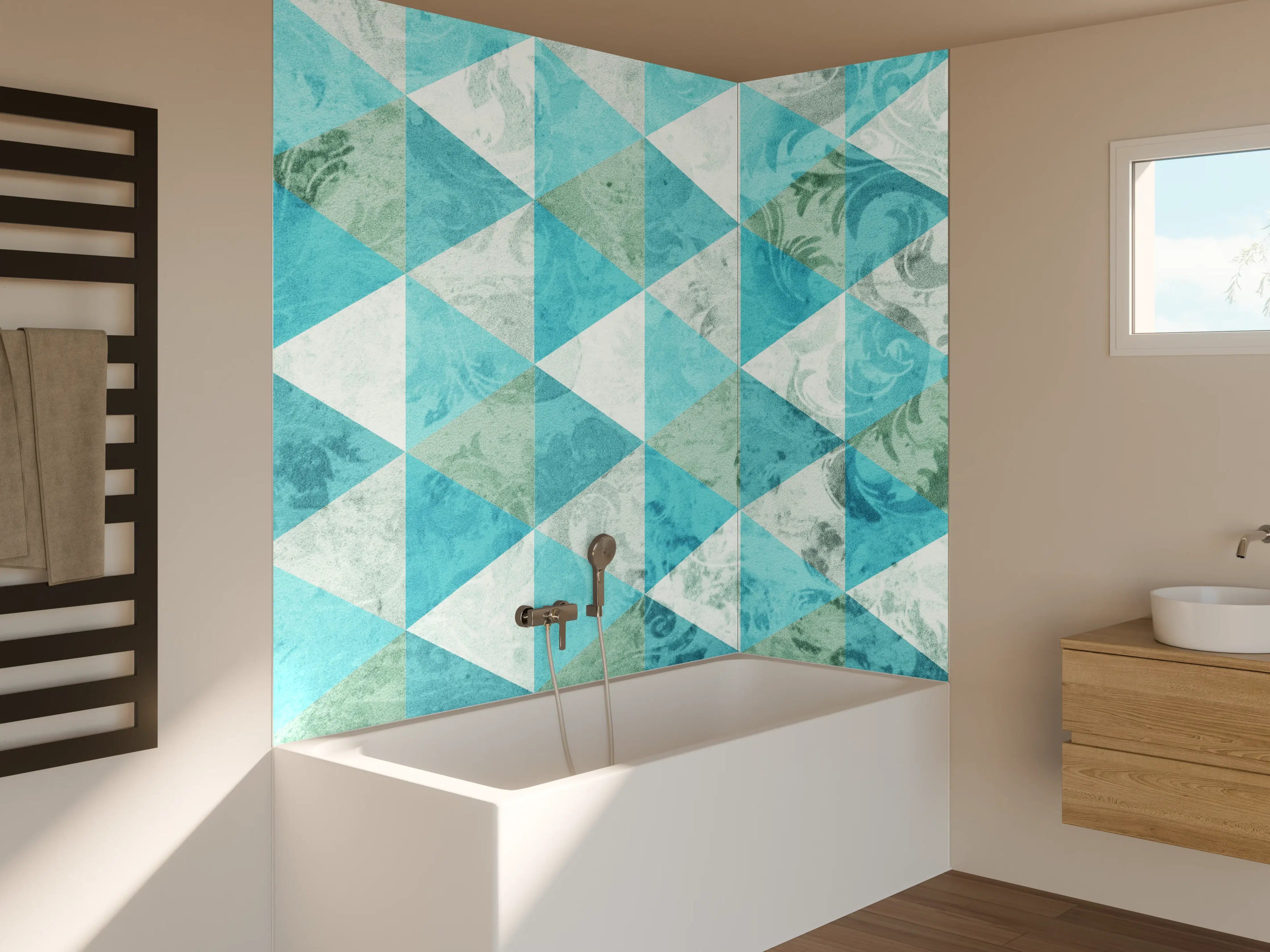 Badewannen-Rückwand - Helle geometrische Muster in Blau-Tönen