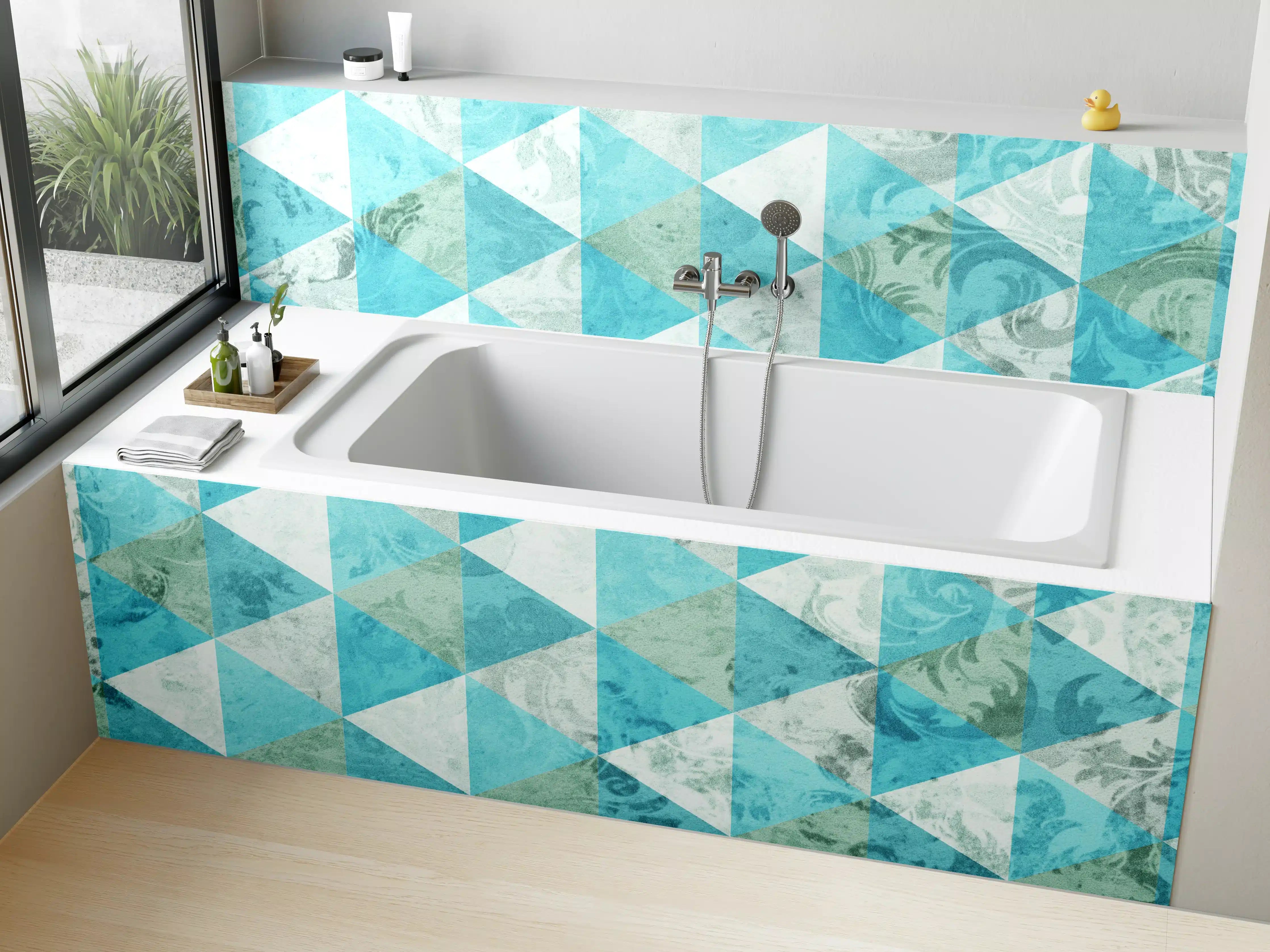 Badewannen-Rückwand - Helle geometrische Muster in Blau-Tönen