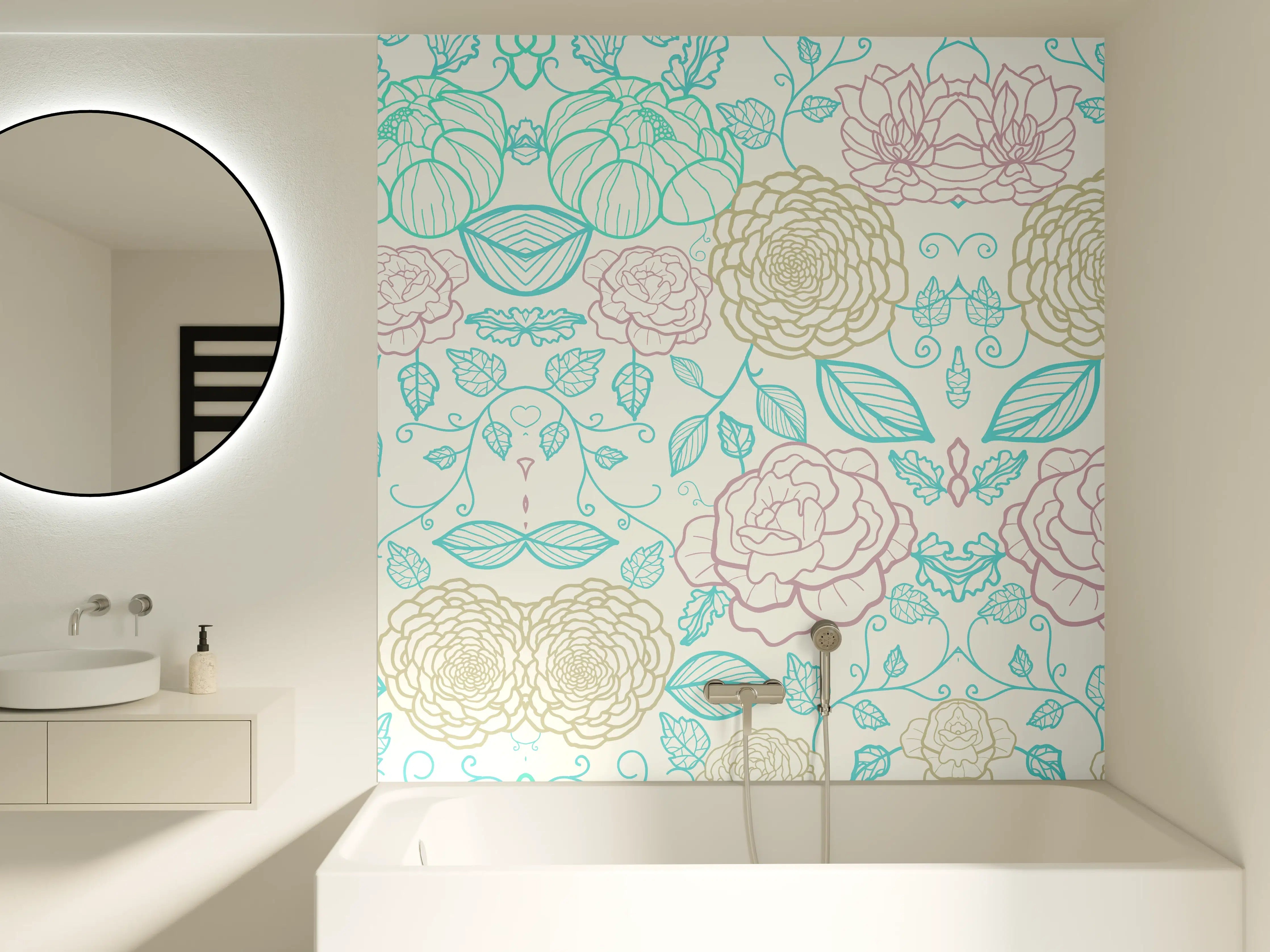 Badewannen-Rückwand - Helle, florale Muster mit pastellfarbenen Akzenten