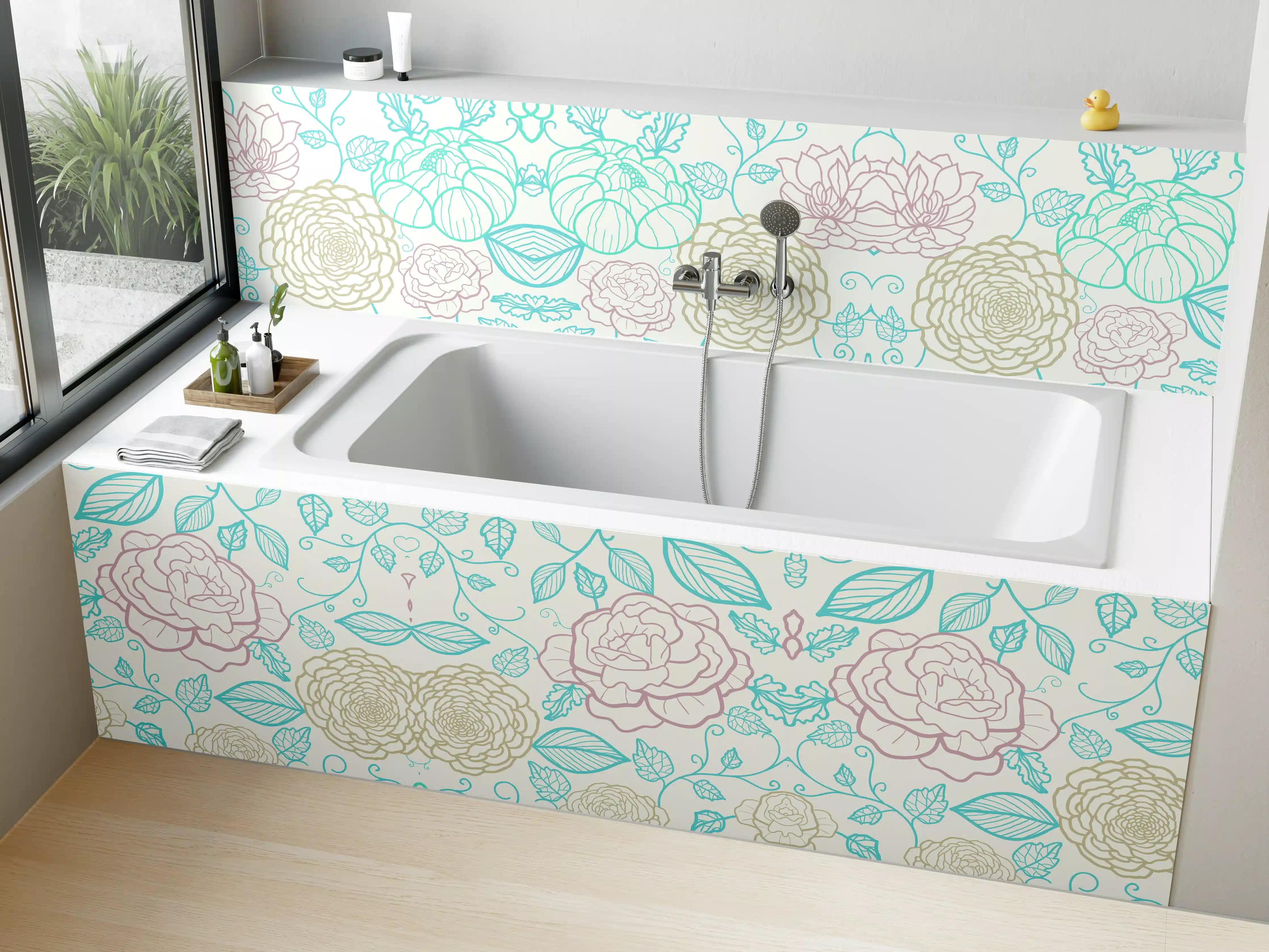 Badewannen-Rückwand - Helle, florale Muster mit pastellfarbenen Akzenten