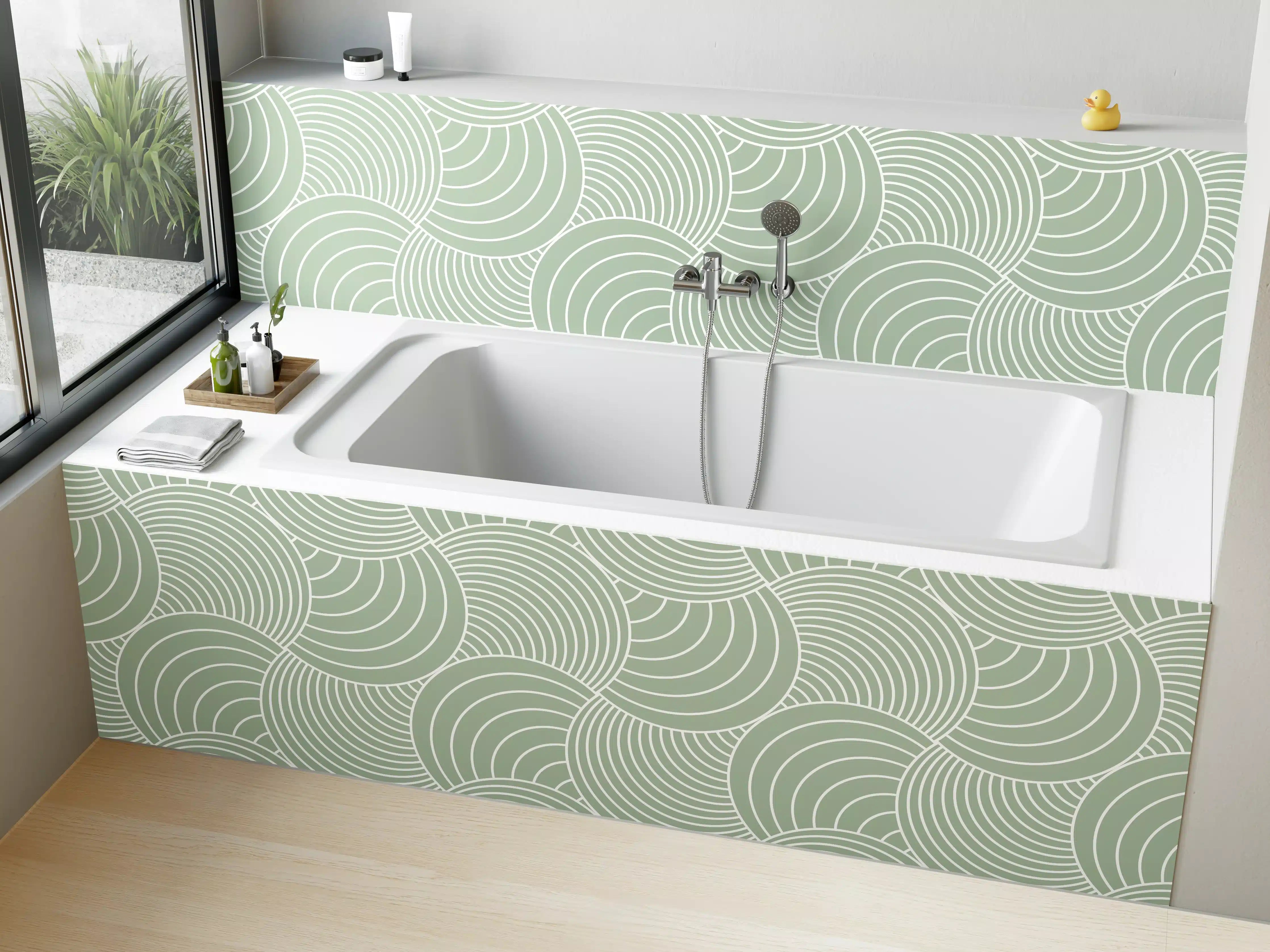 Badewannen-Rückwand - Helle, geometrische Wandgestaltung in Pastell