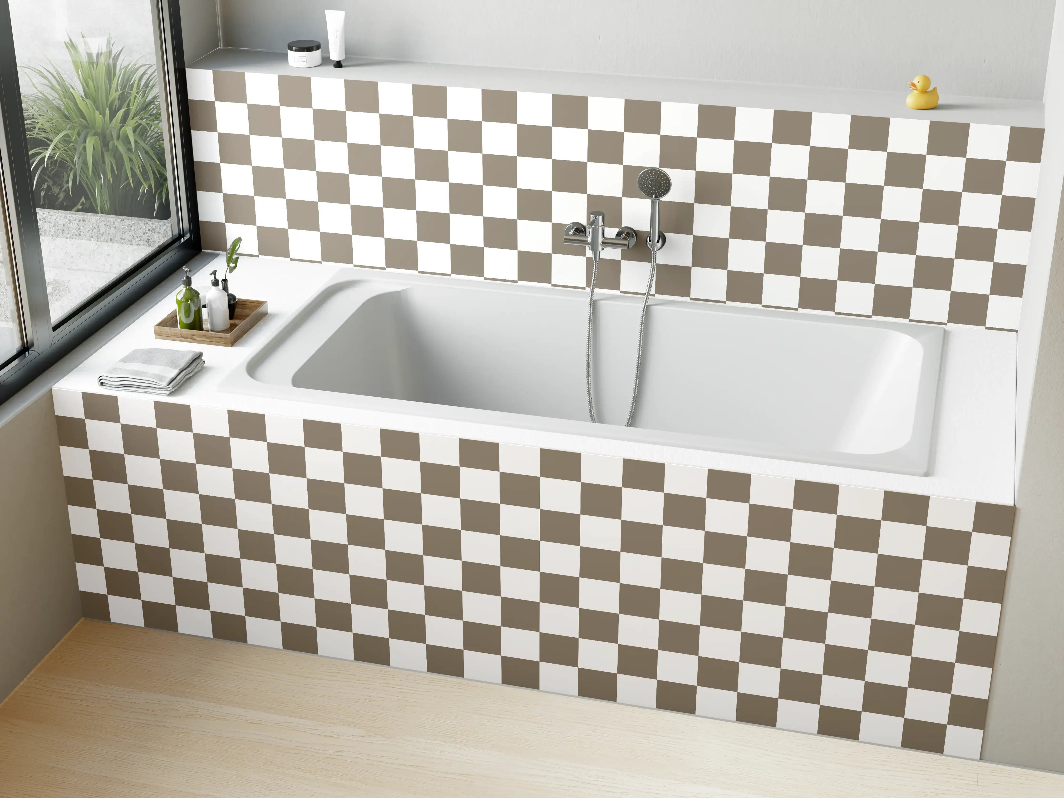 Badewannen-Rückwand - Heller Fliesenboden mit Muster in neutralen Tönen