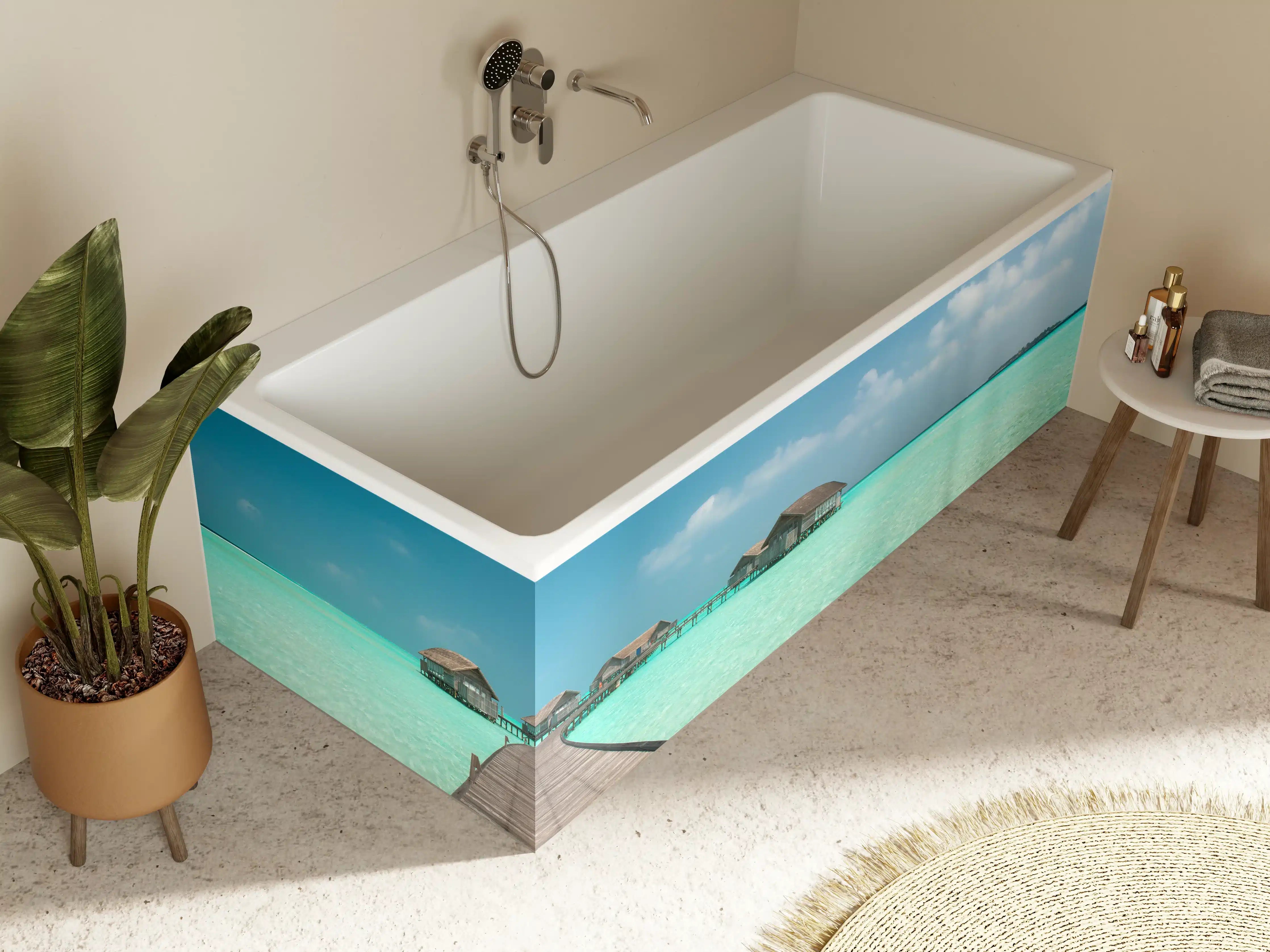 Badewannen-Rückwand - Heller Holzsteg über türkisfarbenes Wasser