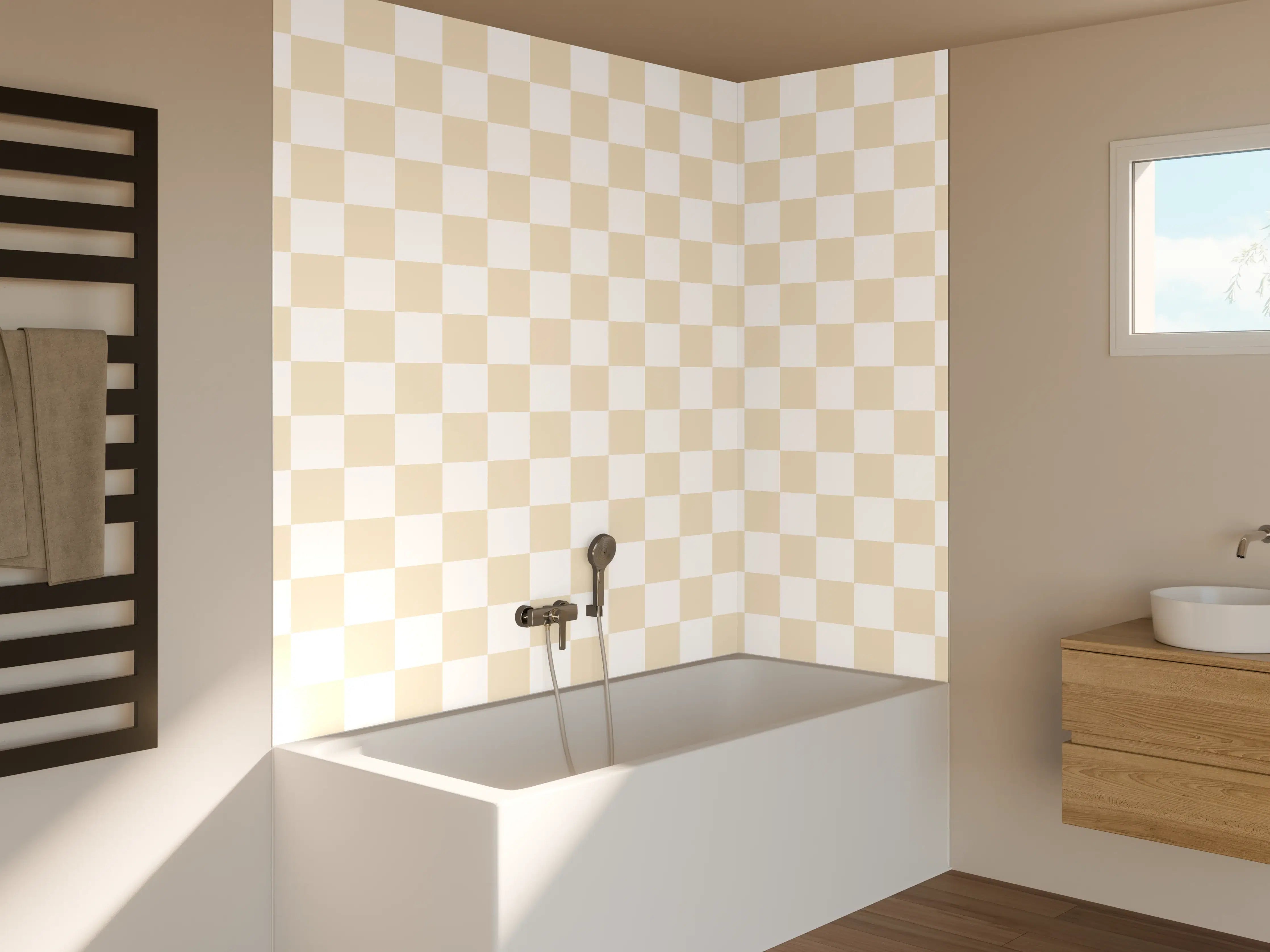 Badewannen-Rückwand - Helles Beige Checkmuster