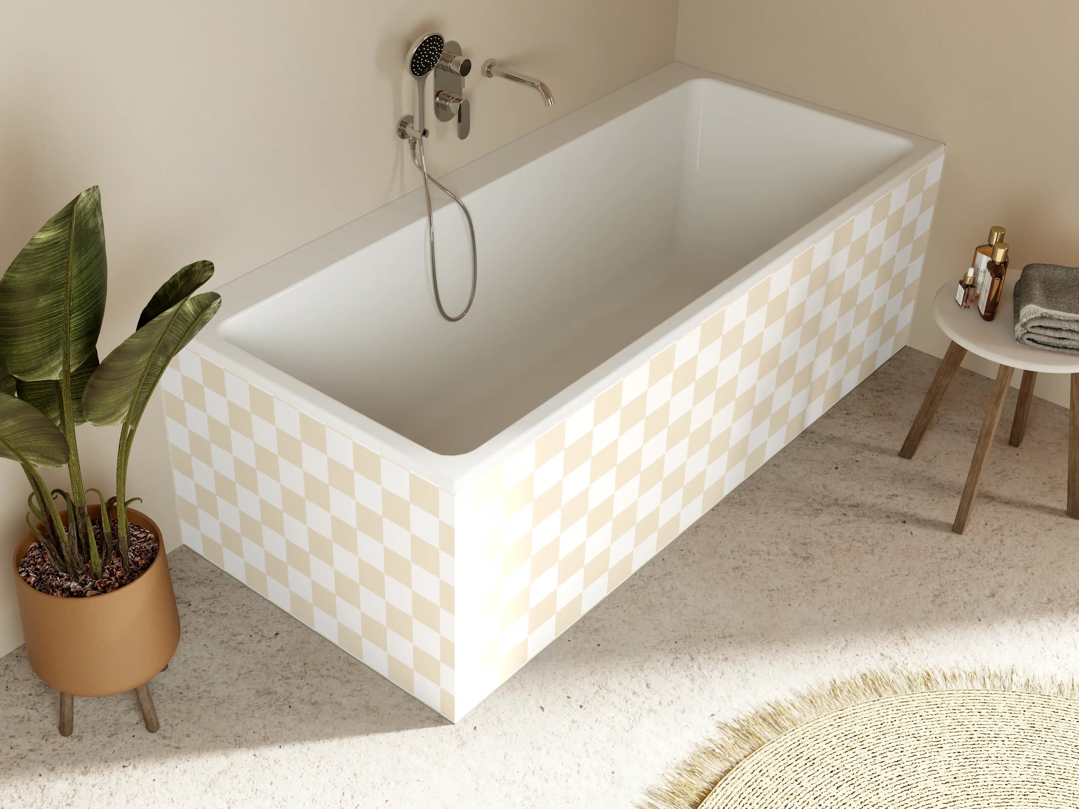 Badewannen-Rückwand - Helles Beige Checkmuster
