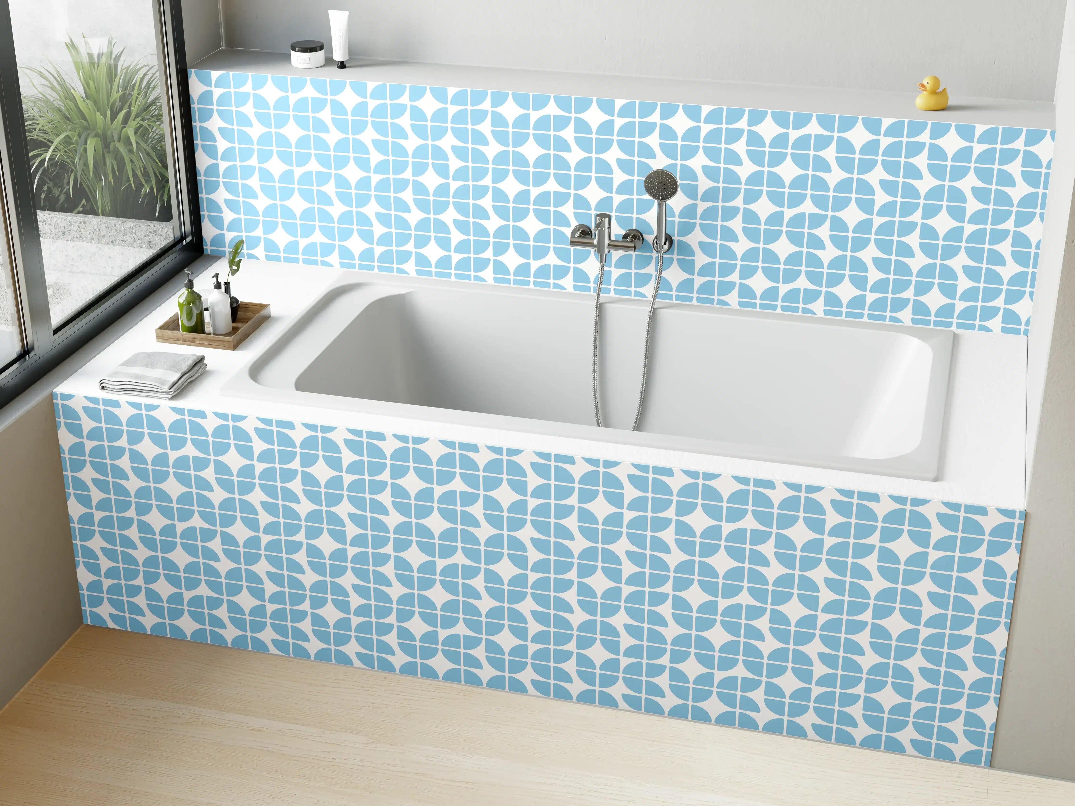 Badewannen-Rückwand - Helles Blau mit grauen geometrischen Akzenten