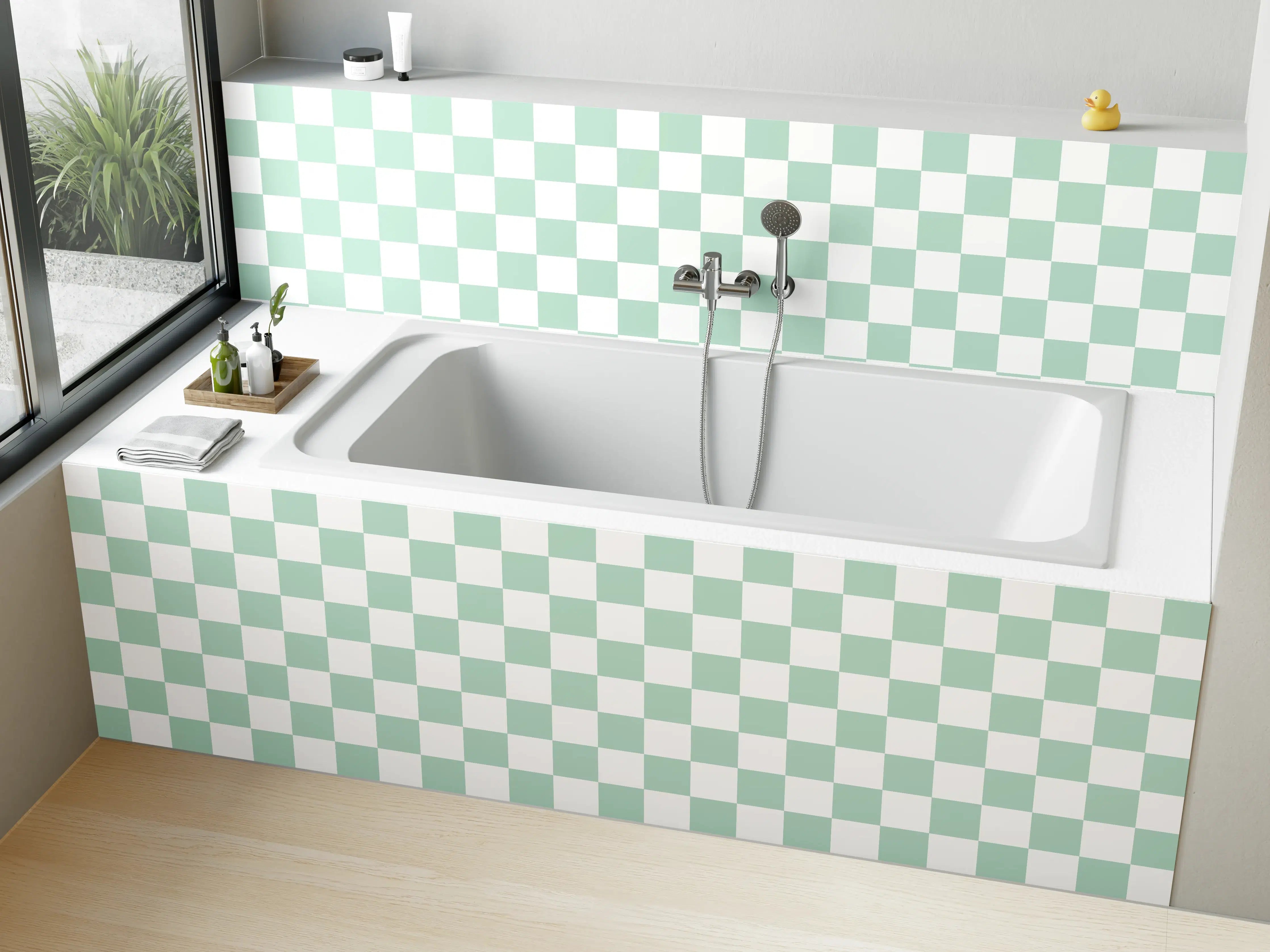 Badewannen-Rückwand - Helles, Checkered Design in Hellblau und Weiß