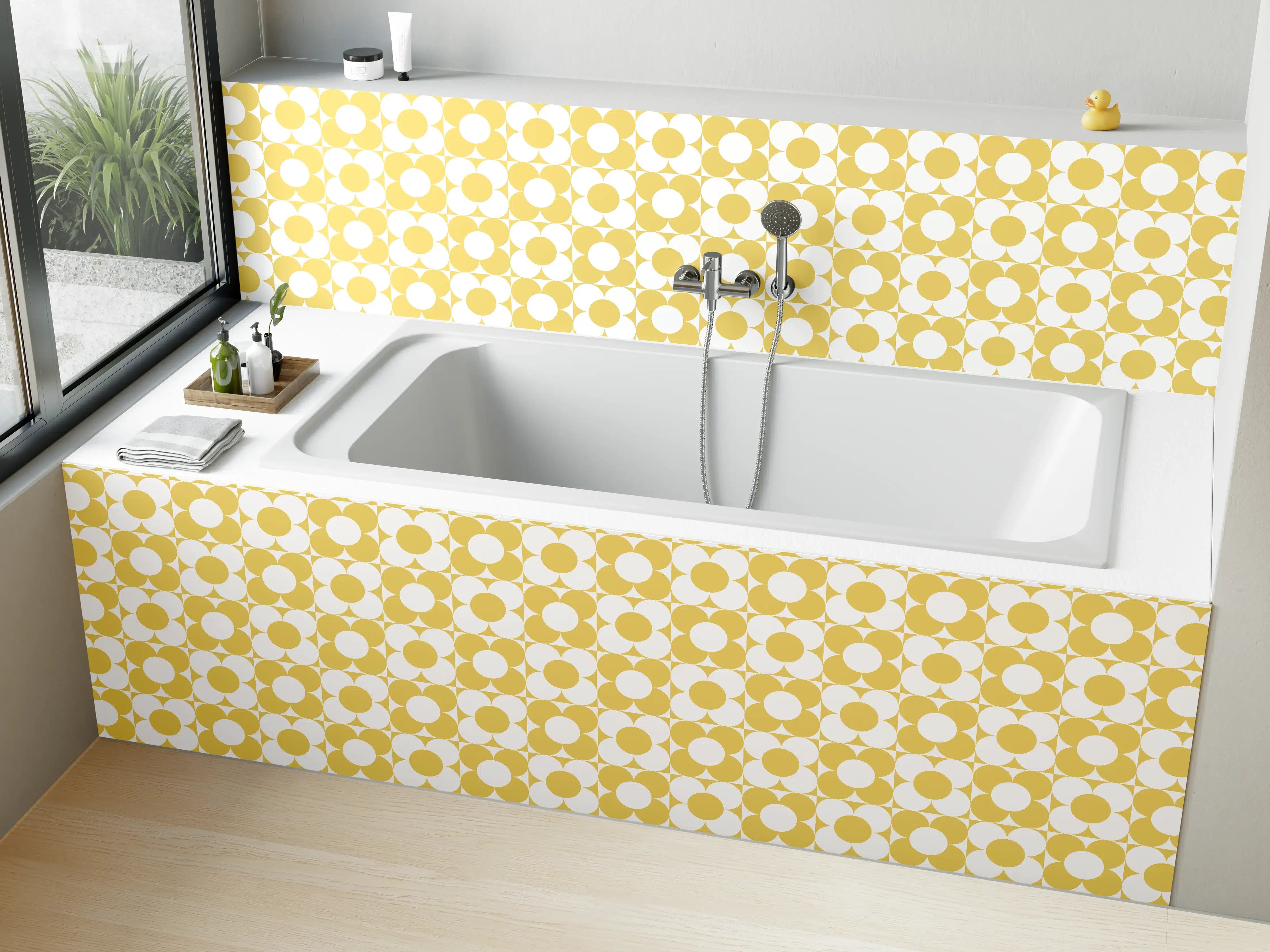 Badewannen-Rückwand - Hellgelbe Musterwand mit Retro-Formen
