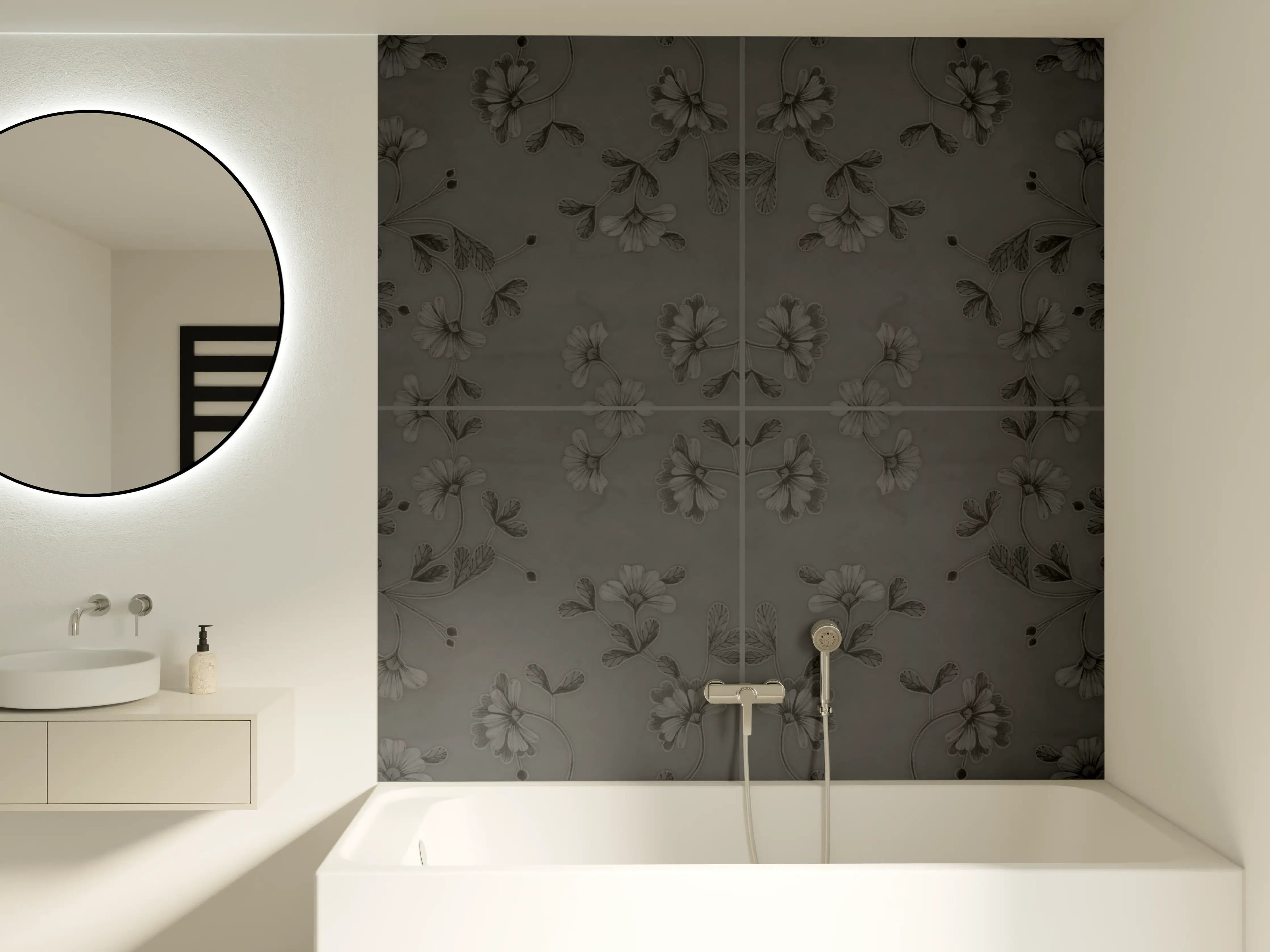 Badewannen-Rückwand - Hellgraue blumenförmige Fliesen