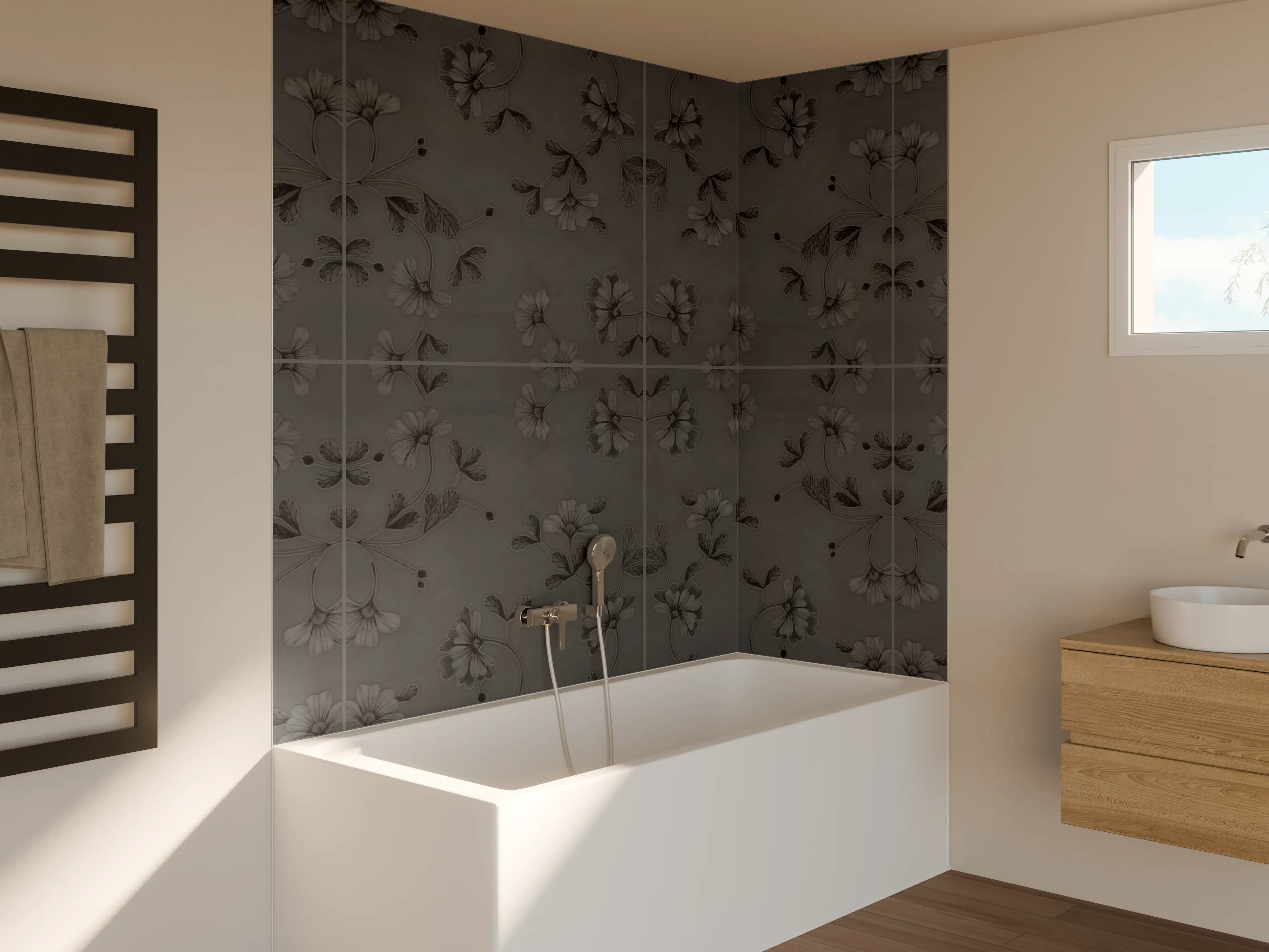 Badewannen-Rückwand - Hellgraue blumenförmige Fliesen