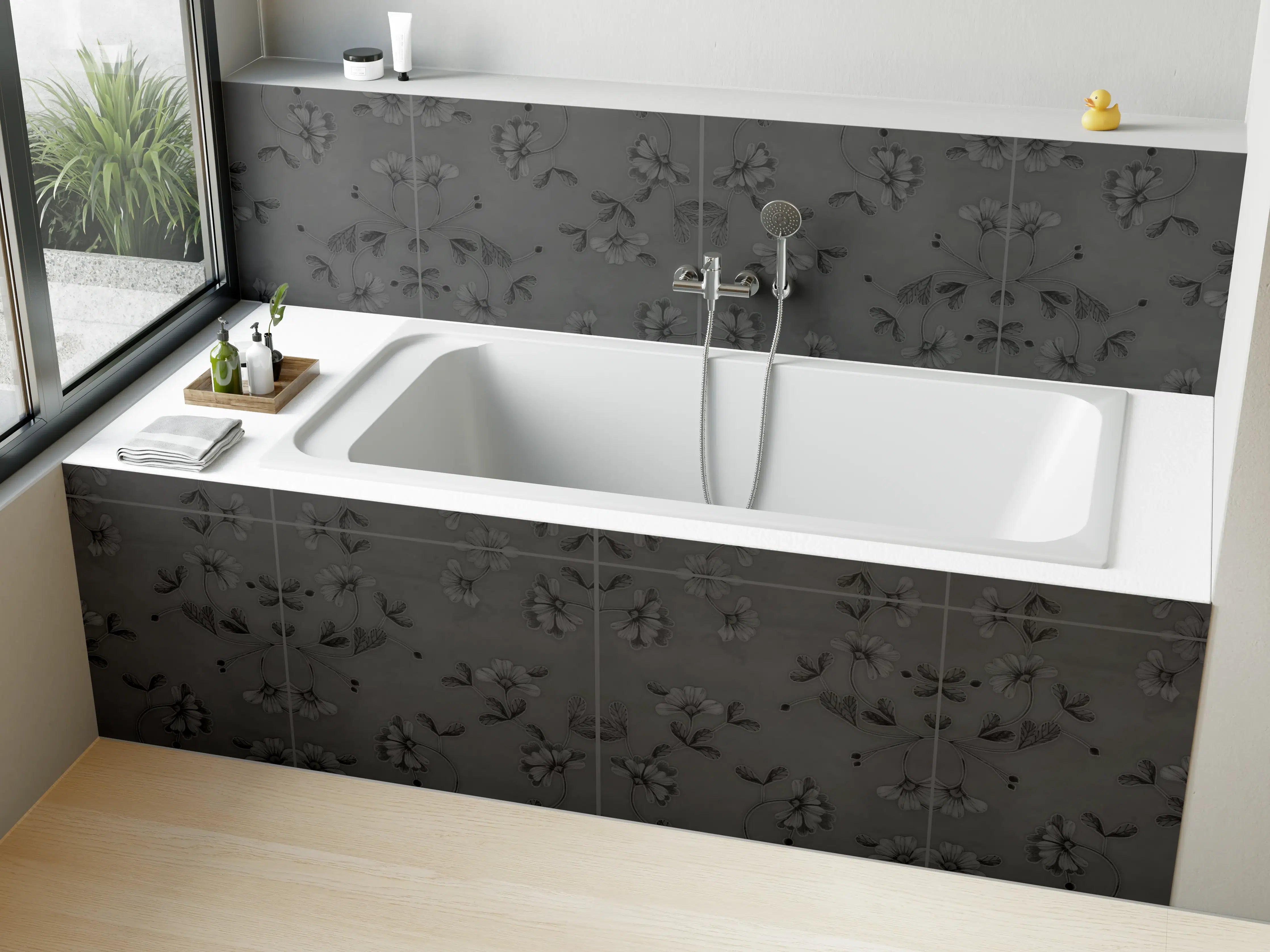 Badewannen-Rückwand - Hellgraue blumenförmige Fliesen