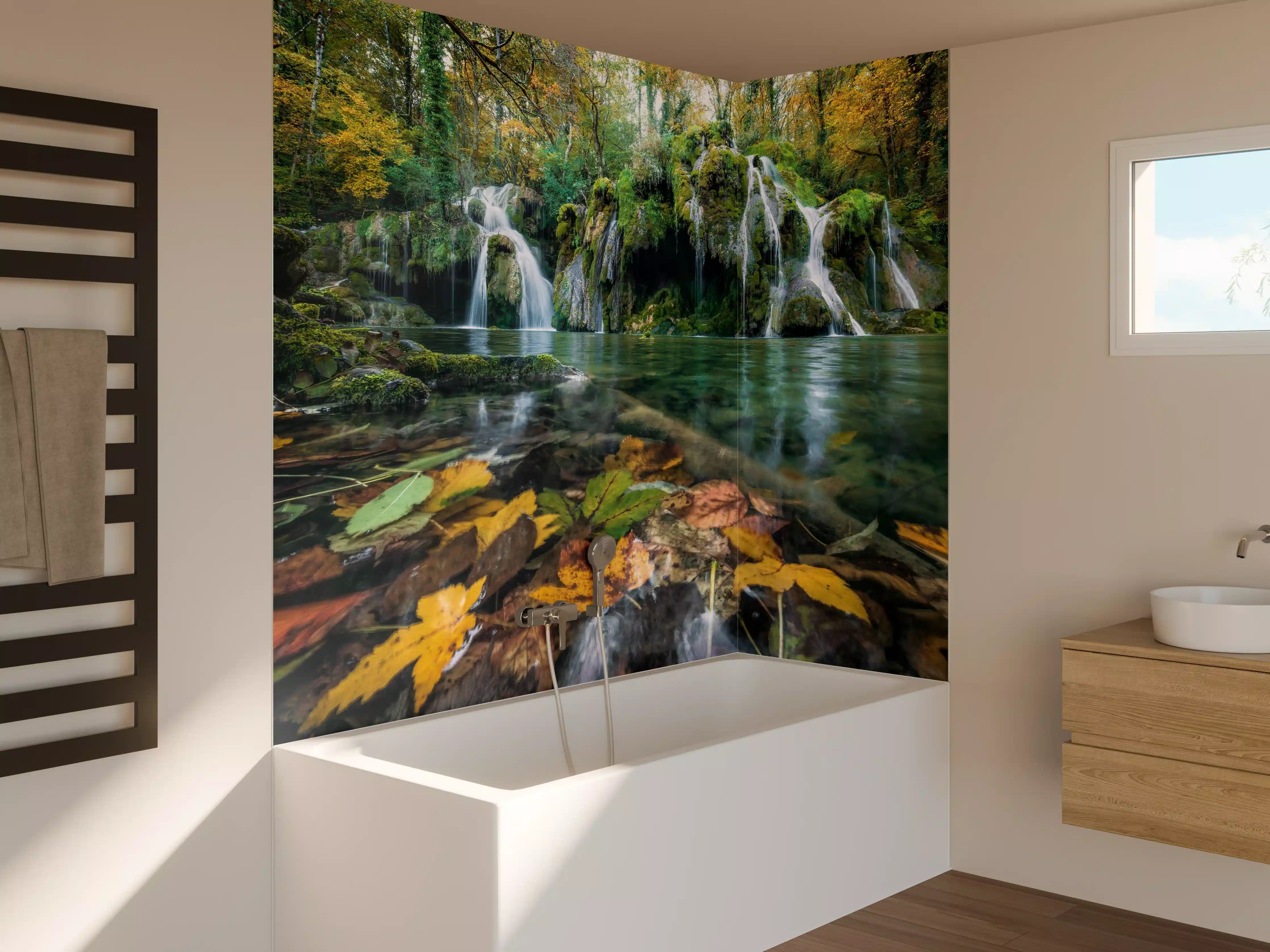 Badewannen-Rückwand - Herbstblätter im See