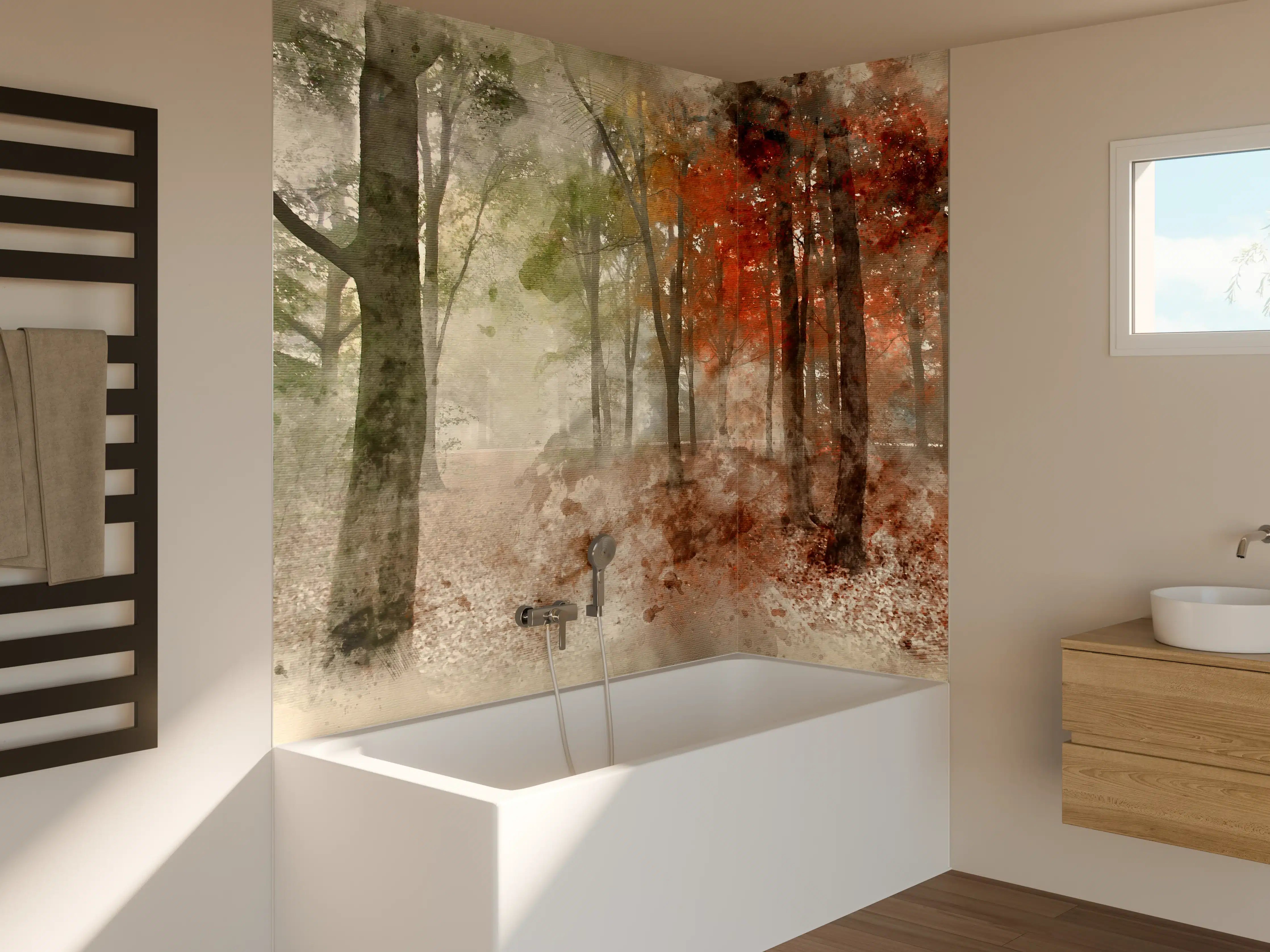 Badewannen-Rückwand - Herbstlicher Wald in Grau und Gold