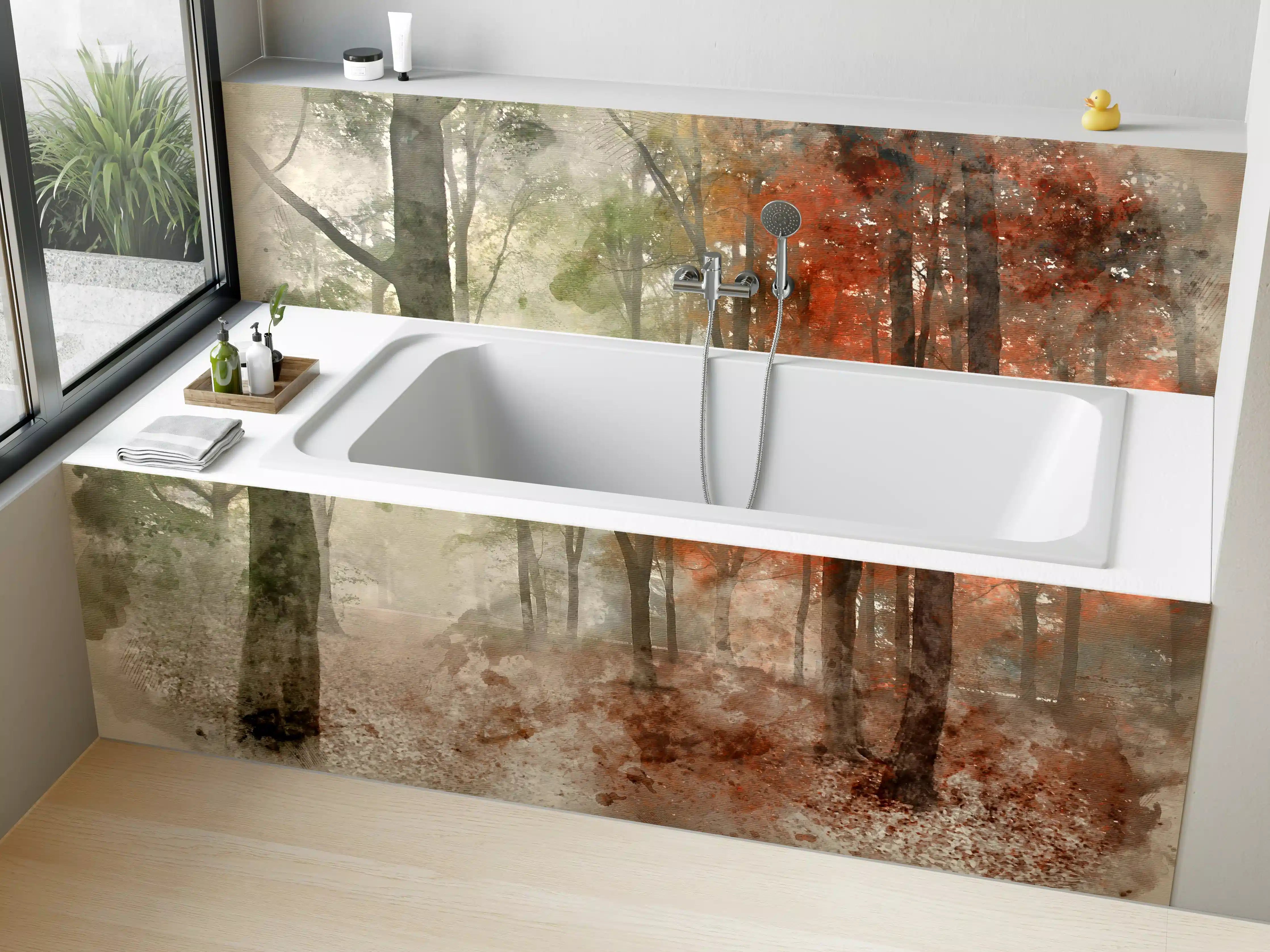 Badewannen-Rückwand - Herbstlicher Wald in Grau und Gold