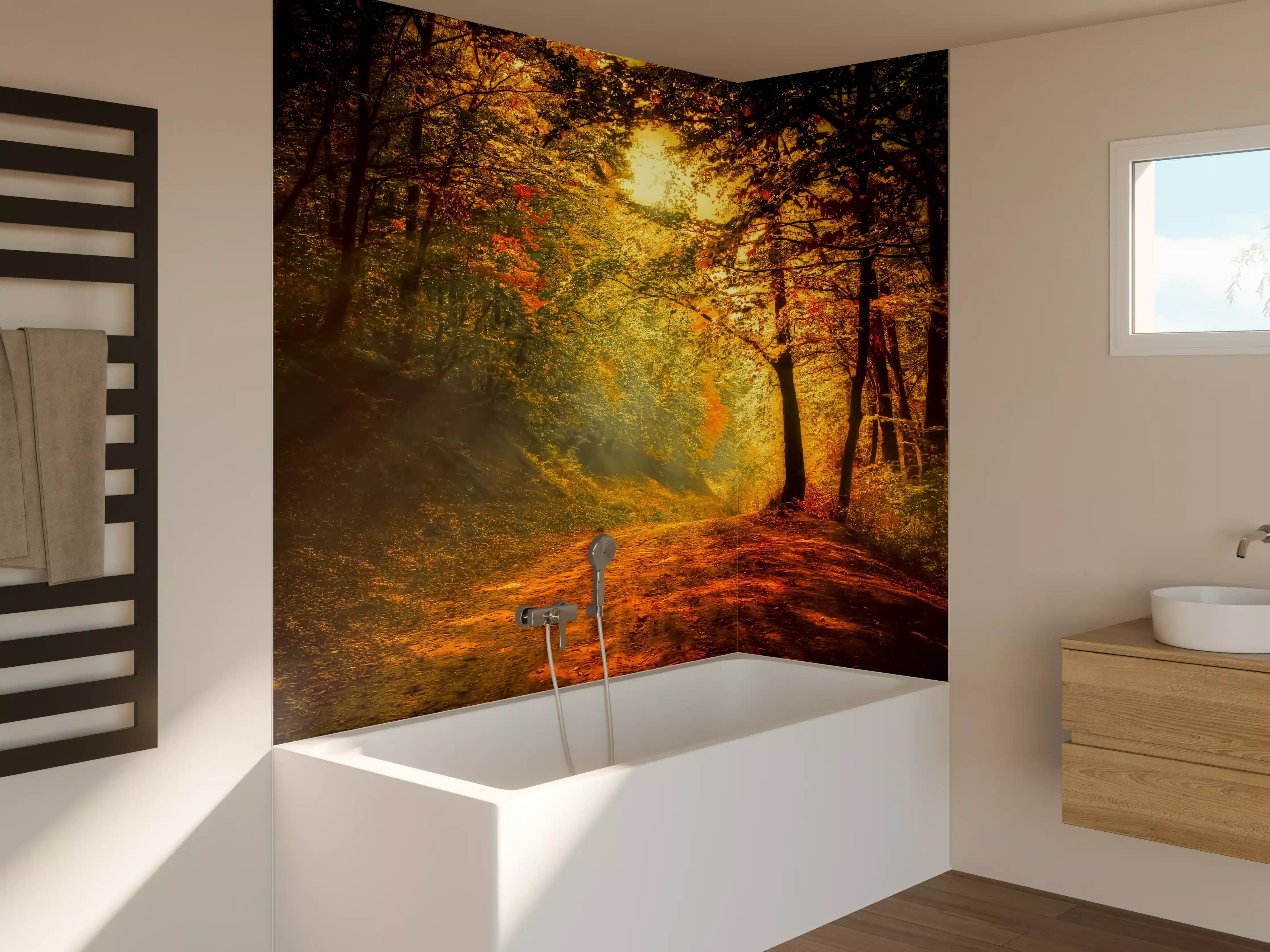 Badewannen-Rückwand - Herbstlicher Waldweg in warmen Orangetönen