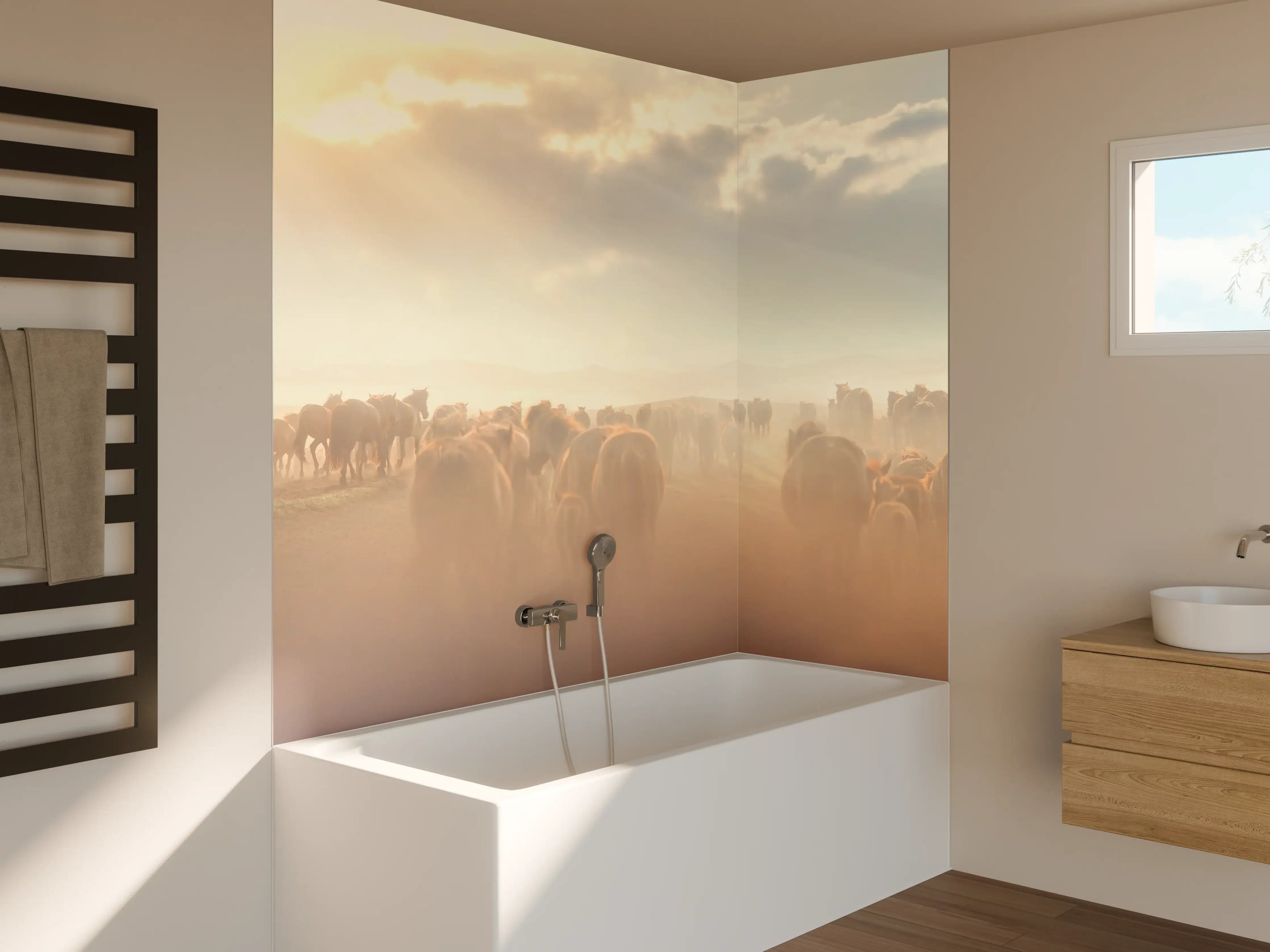 Badewannen-Rückwand - Herde Wildpferde im Sonnenuntergang