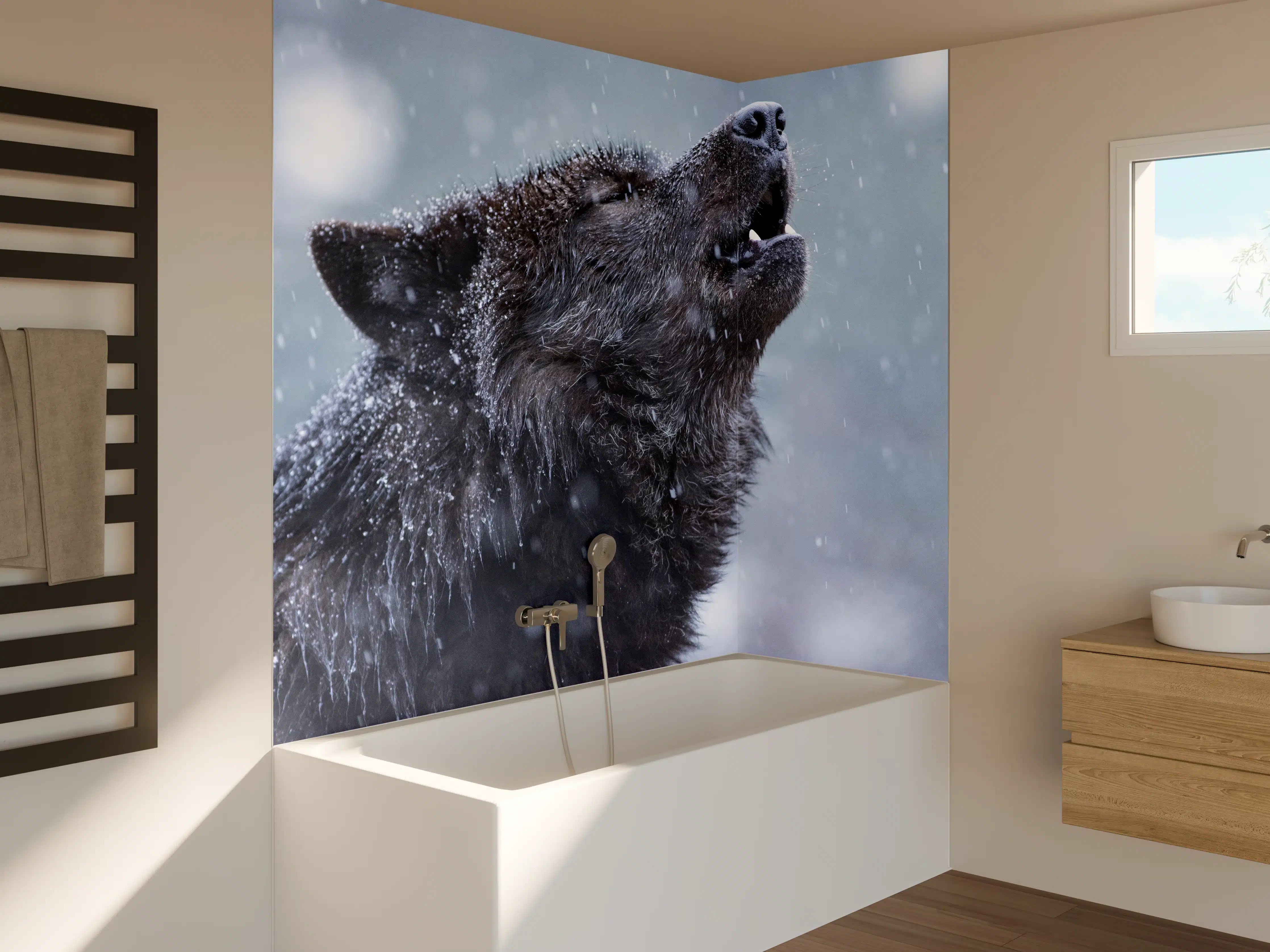 Badewannen-Rückwand - Heulender Wolf im Winter