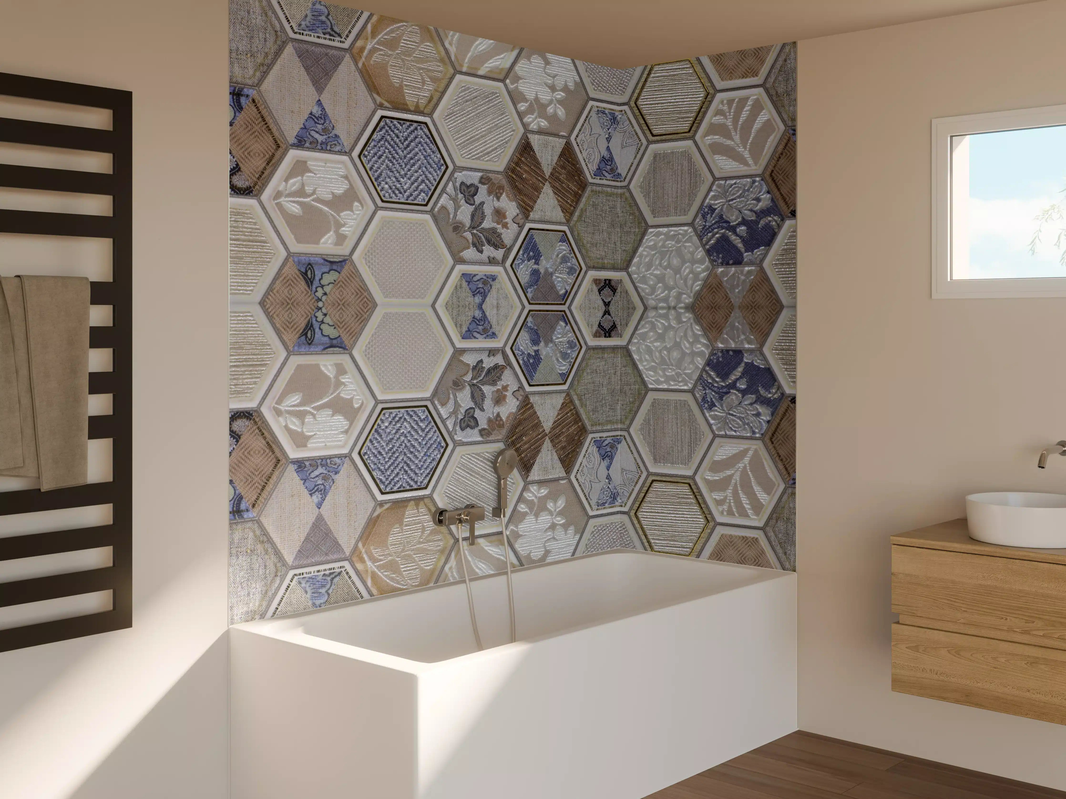 Badewannen-Rückwand - Hexagon Fliesenmuster Bunt