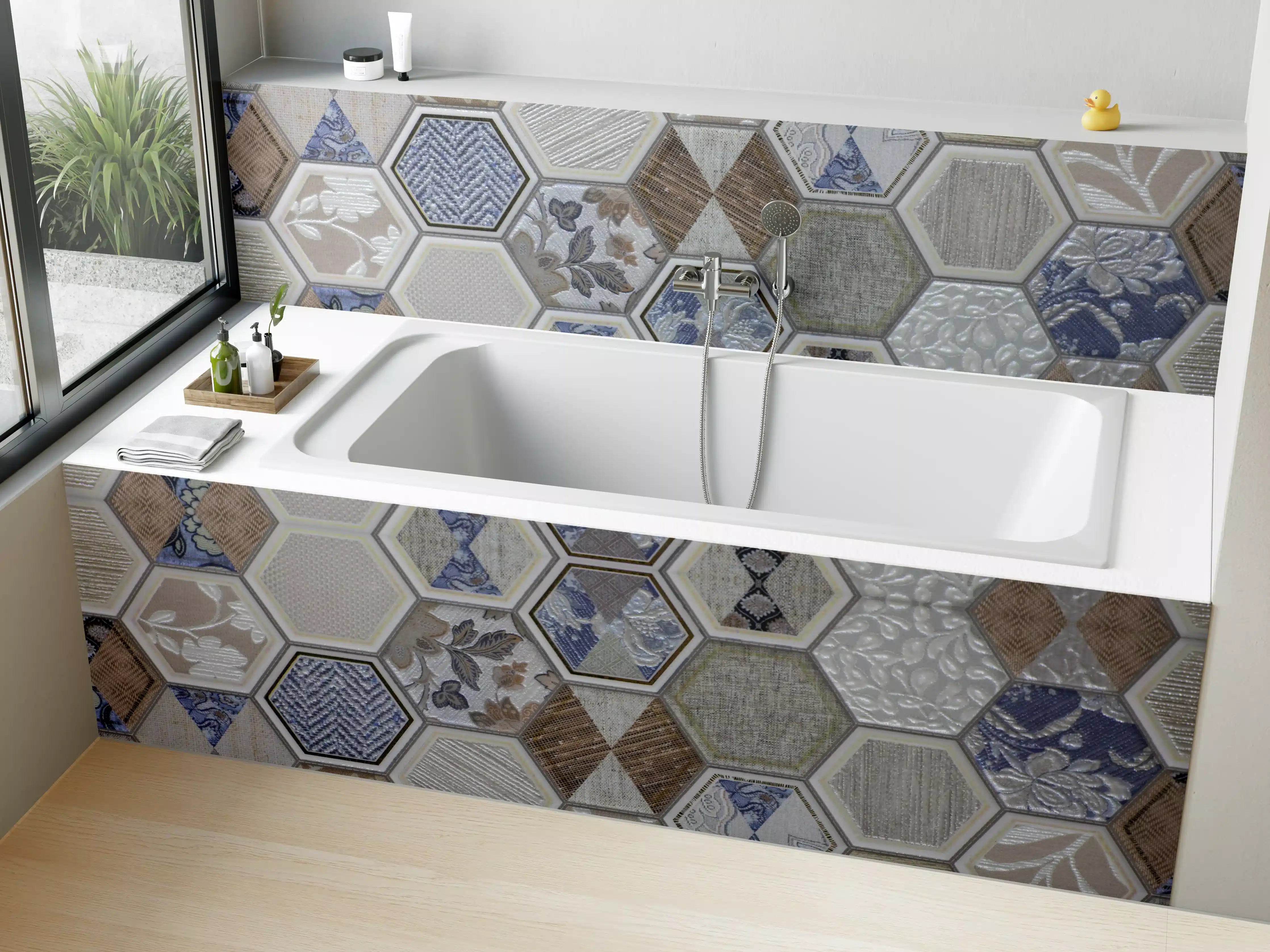 Badewannen-Rückwand - Hexagon Fliesenmuster Bunt