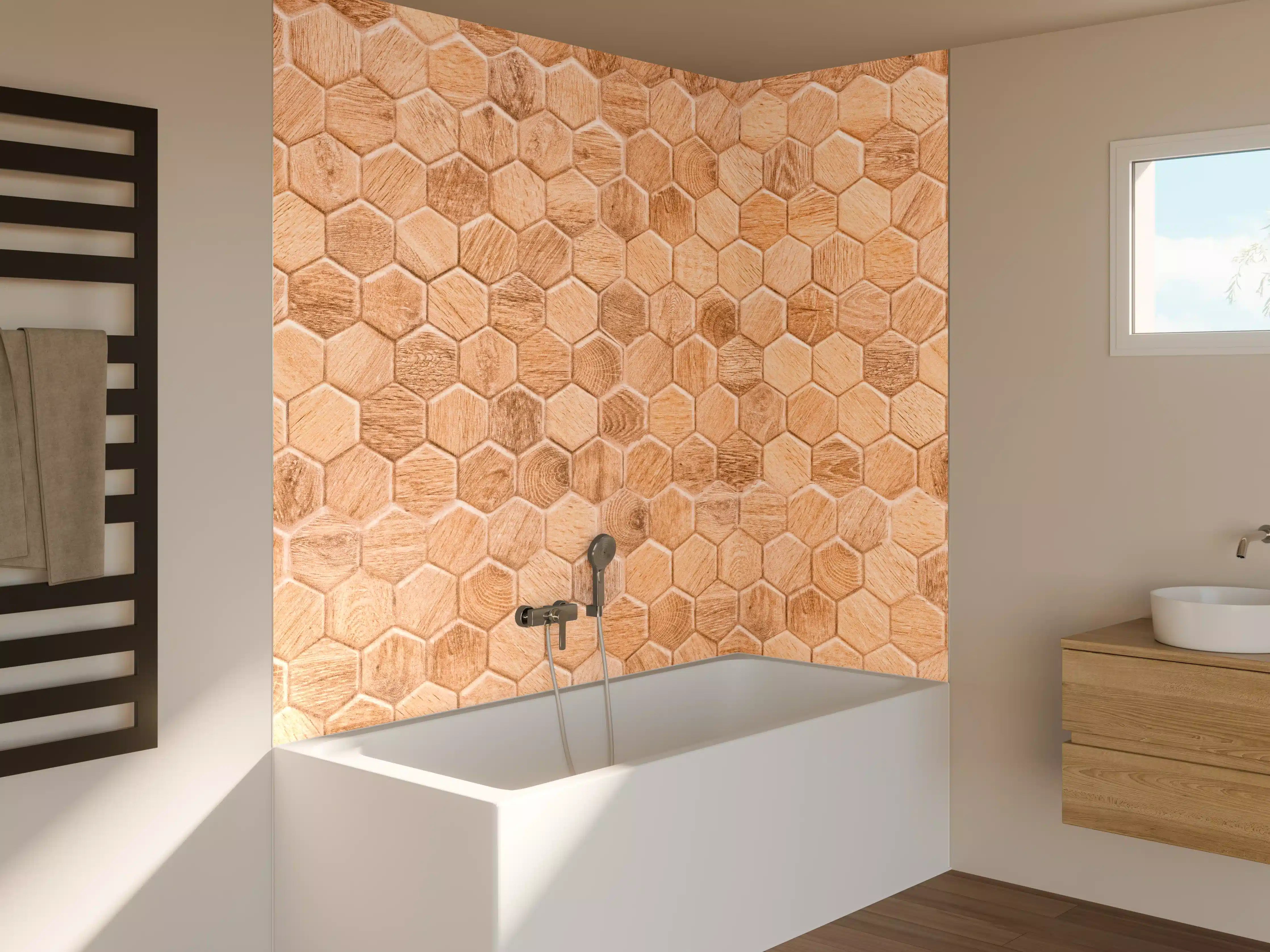 Badewannen-Rückwand - Hexagon Holz Wabenmuster