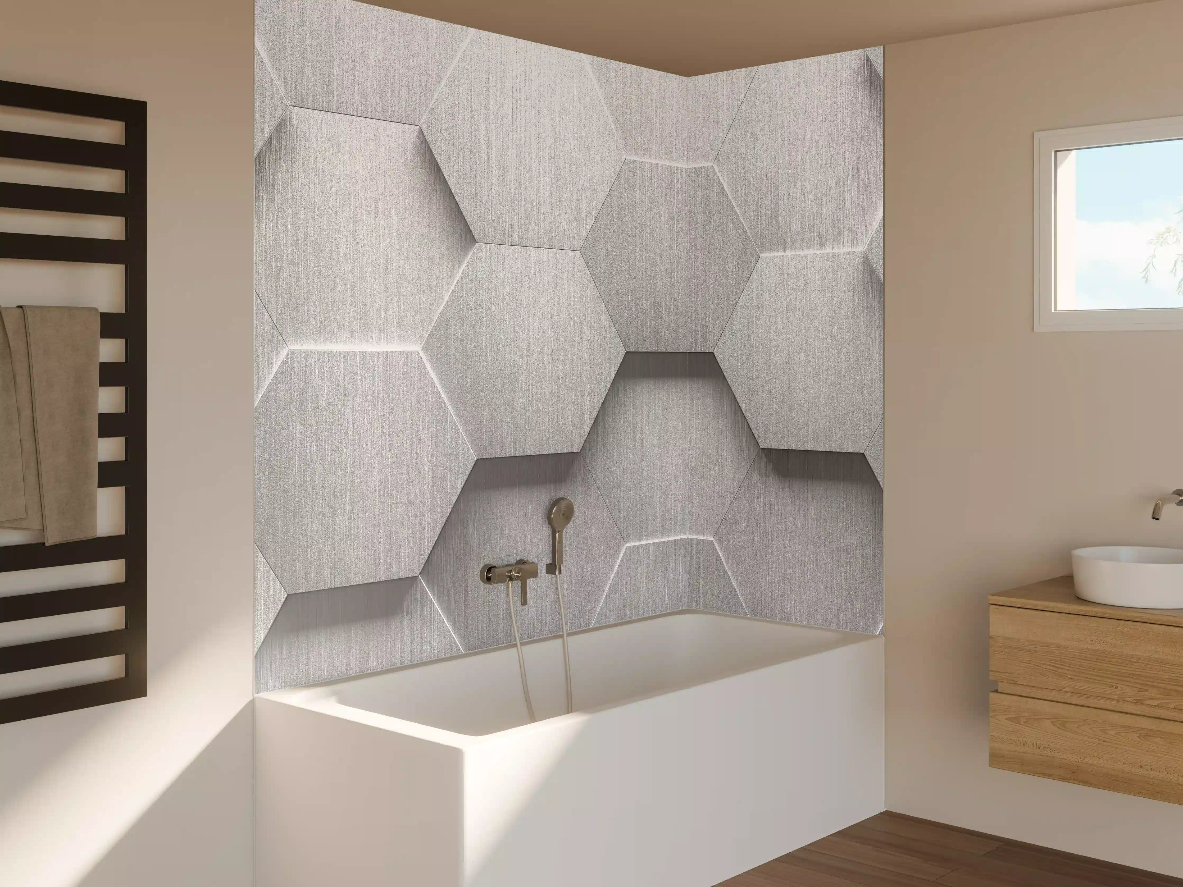 Badewannen-Rückwand - Hexagon Metallstruktur Grau-Weiß