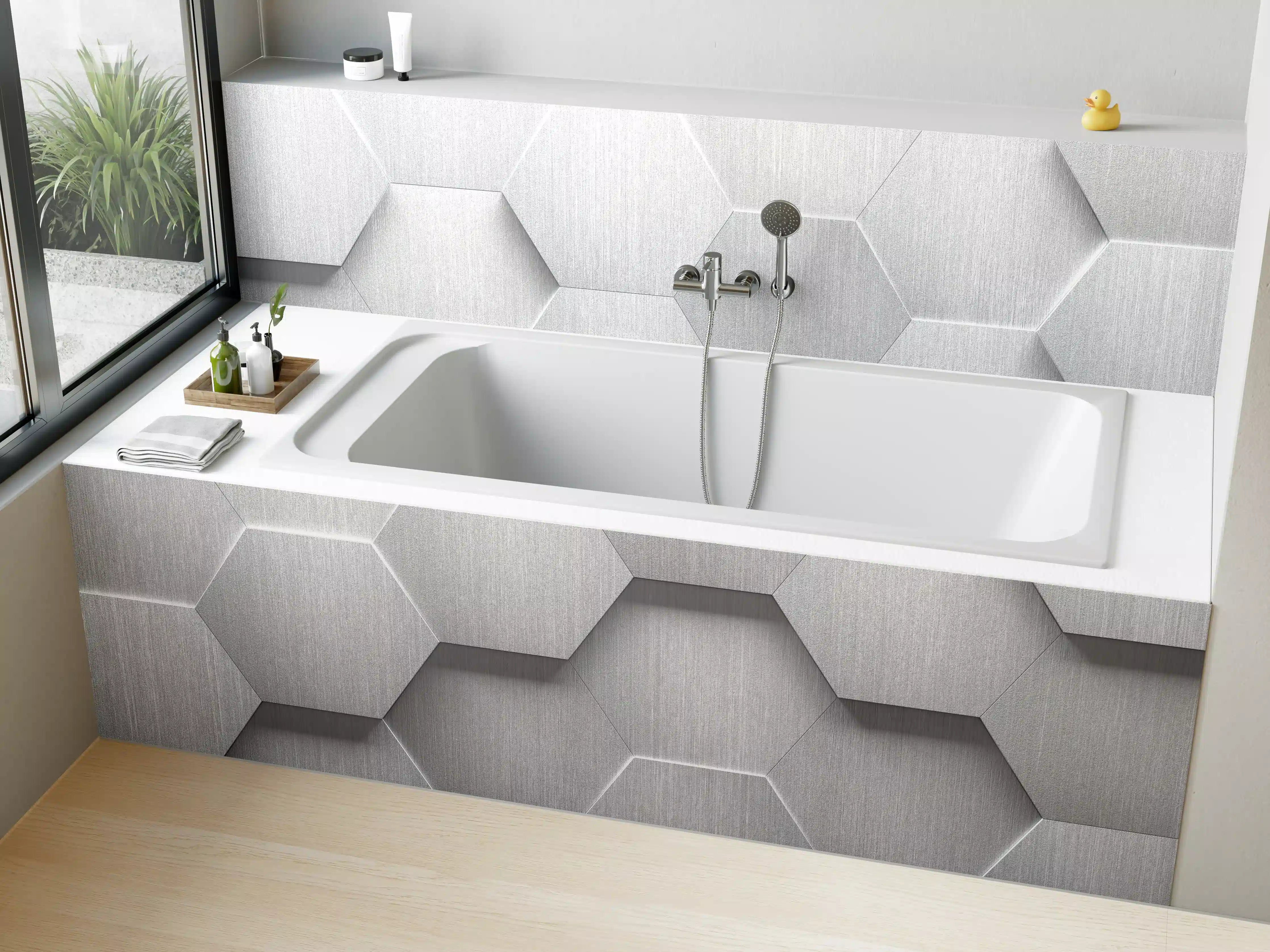 Badewannen-Rückwand - Hexagon Metallstruktur Grau-Weiß