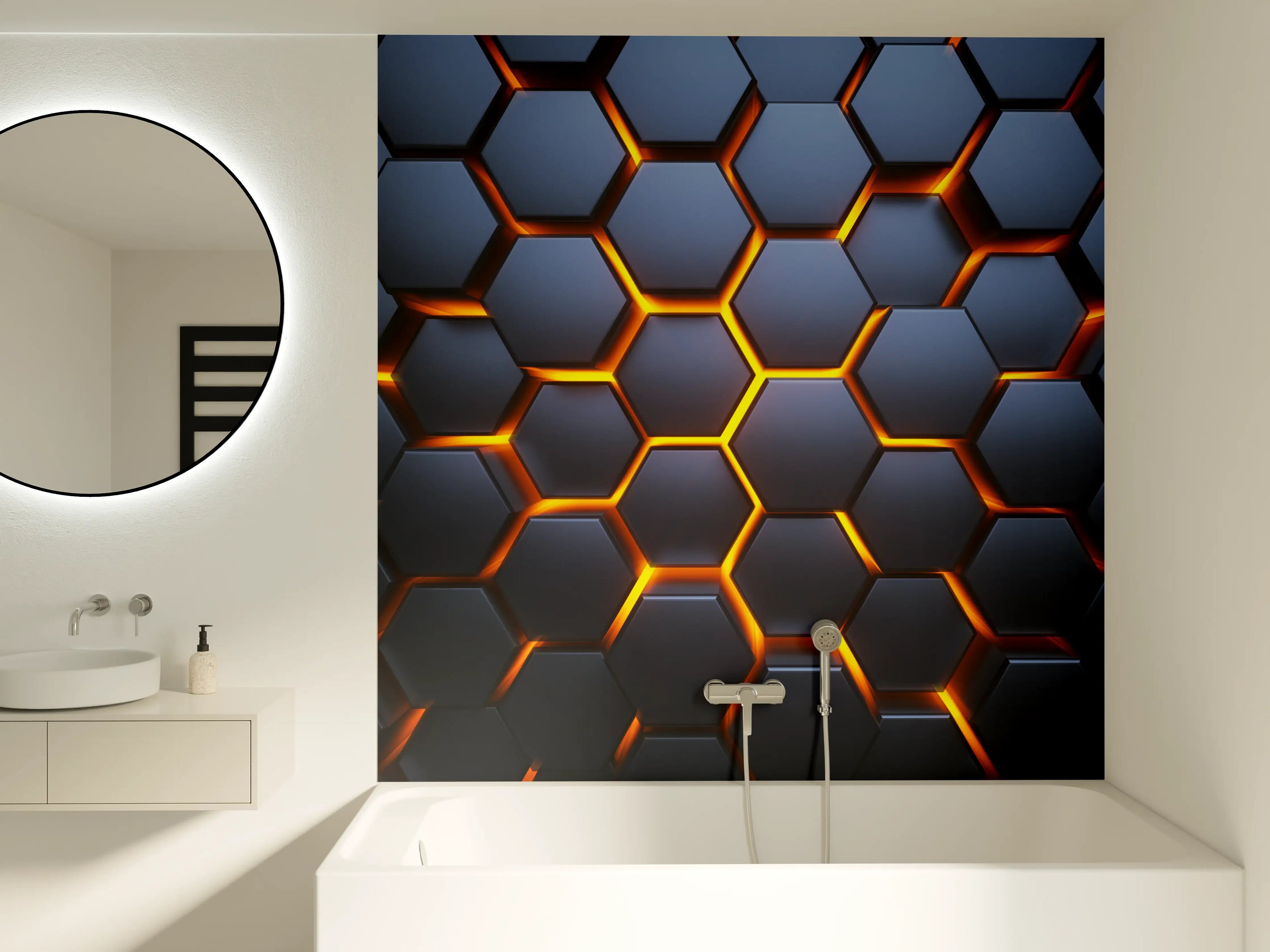 Badewannen-Rückwand - Hexagon-Muster in Blau-Orange