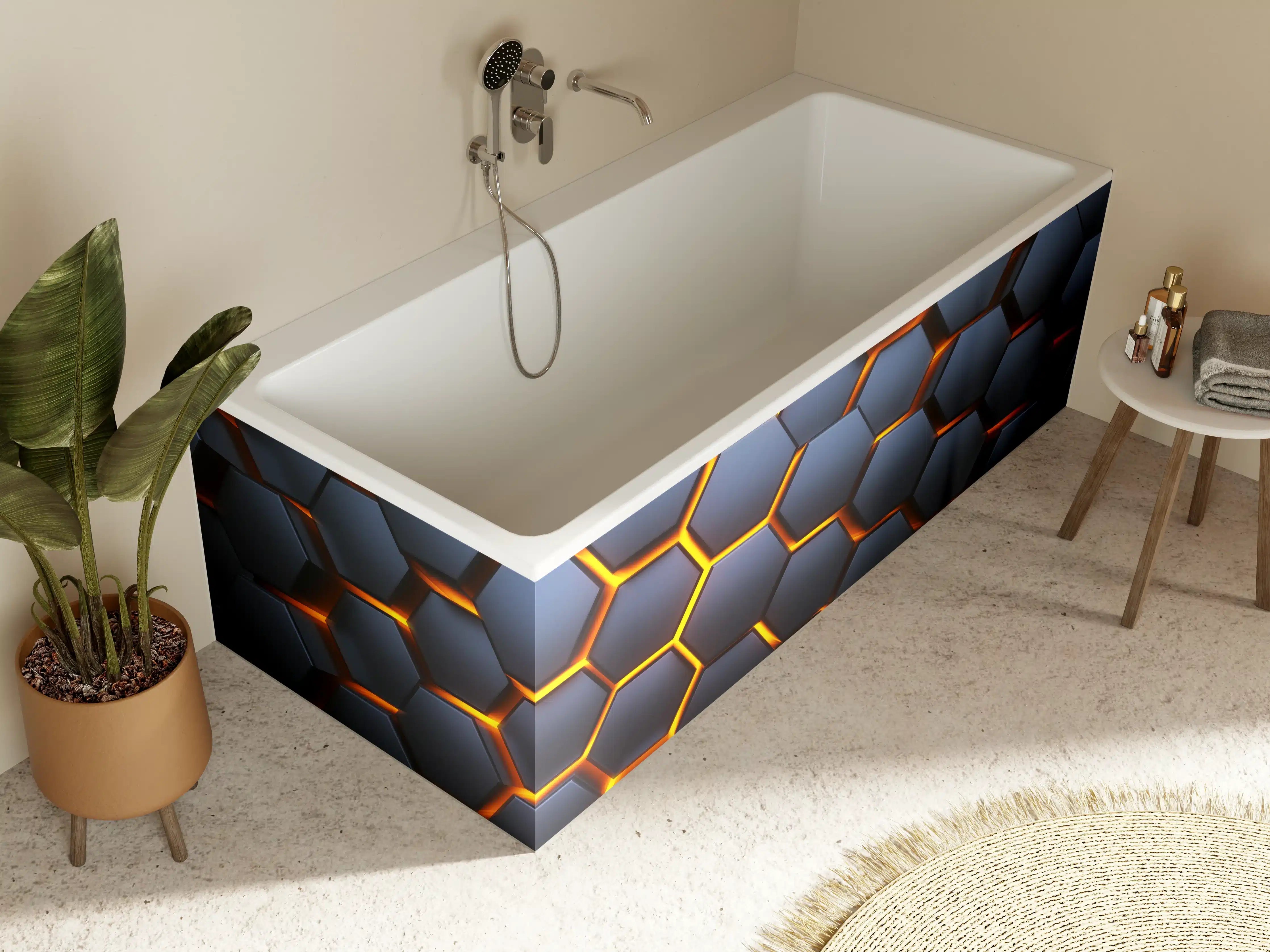 Badewannen-Rückwand - Hexagon-Muster in Blau-Orange