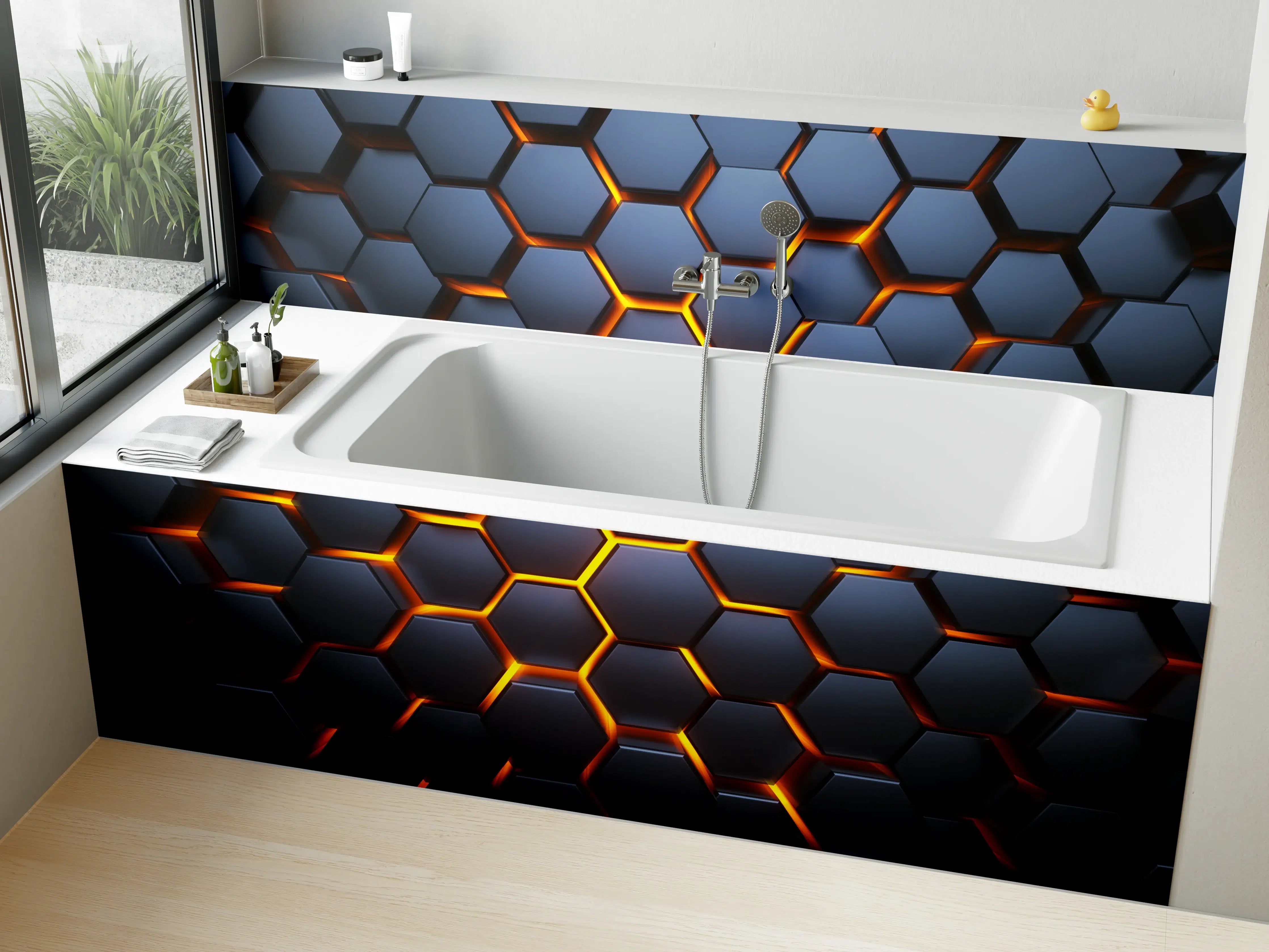 Badewannen-Rückwand - Hexagon-Muster in Blau-Orange