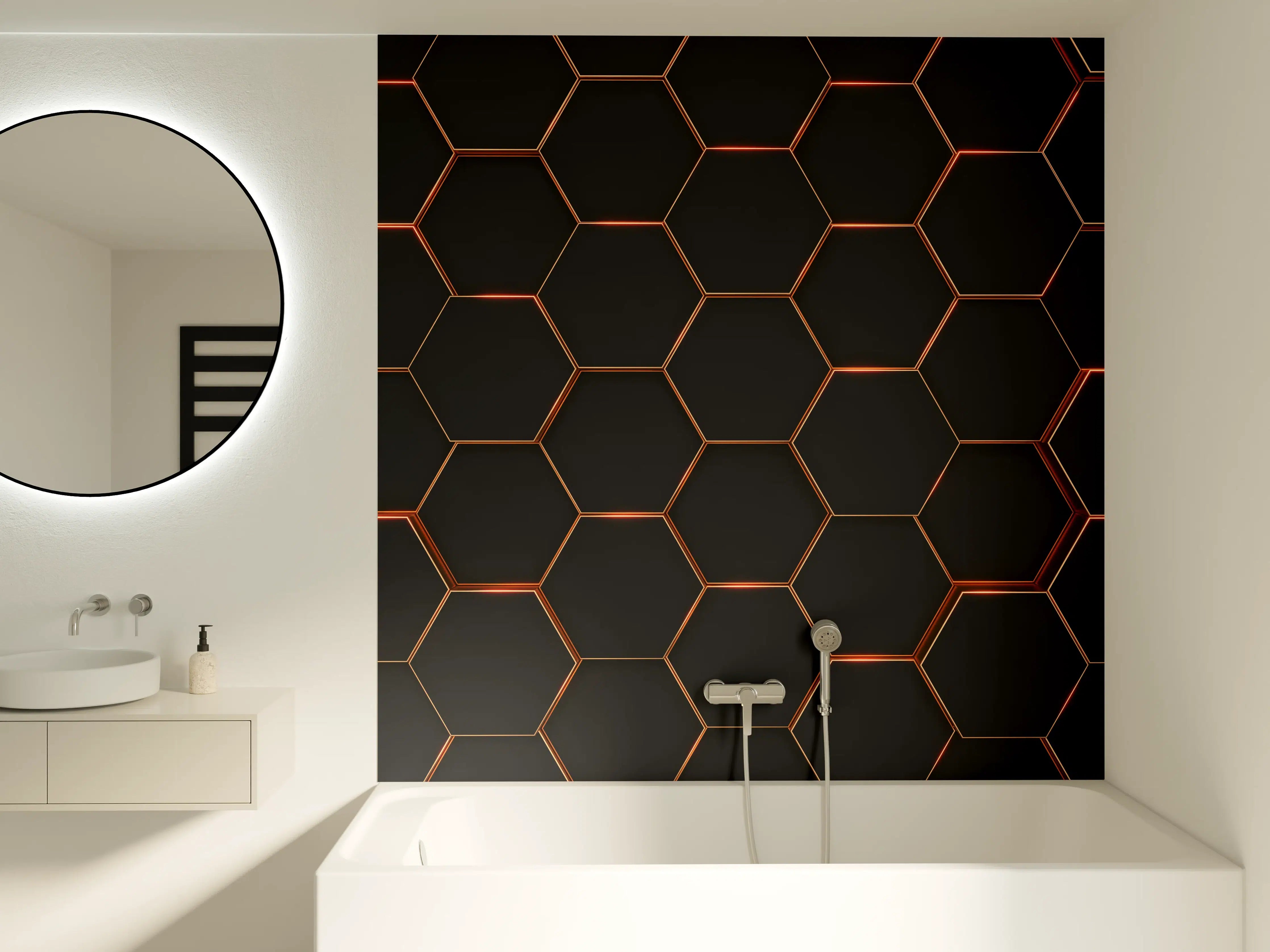 Badewannen-Rückwand - Hexagon Schwarz-Gold Muster