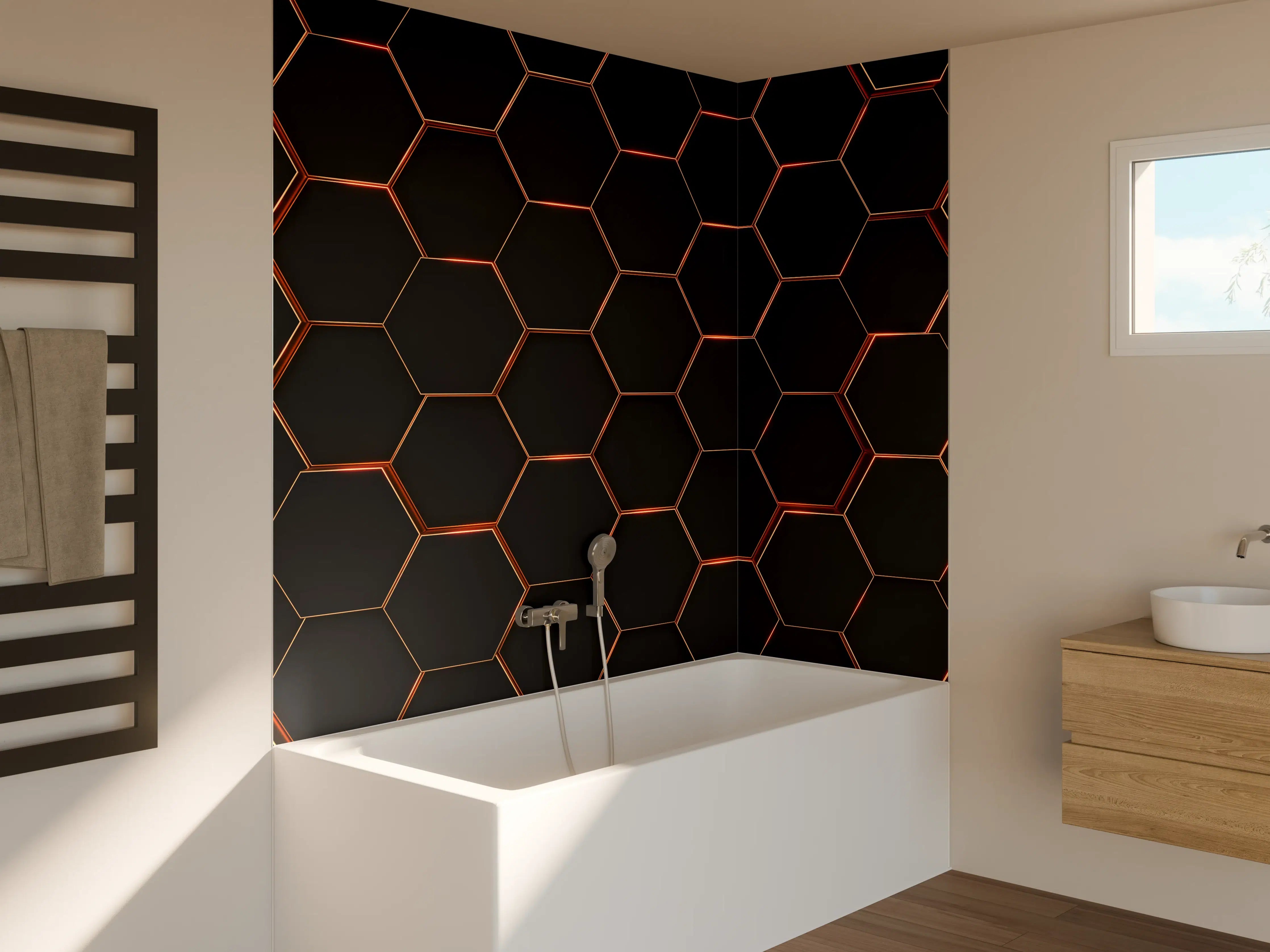 Badewannen-Rückwand - Hexagon Schwarz-Gold Muster