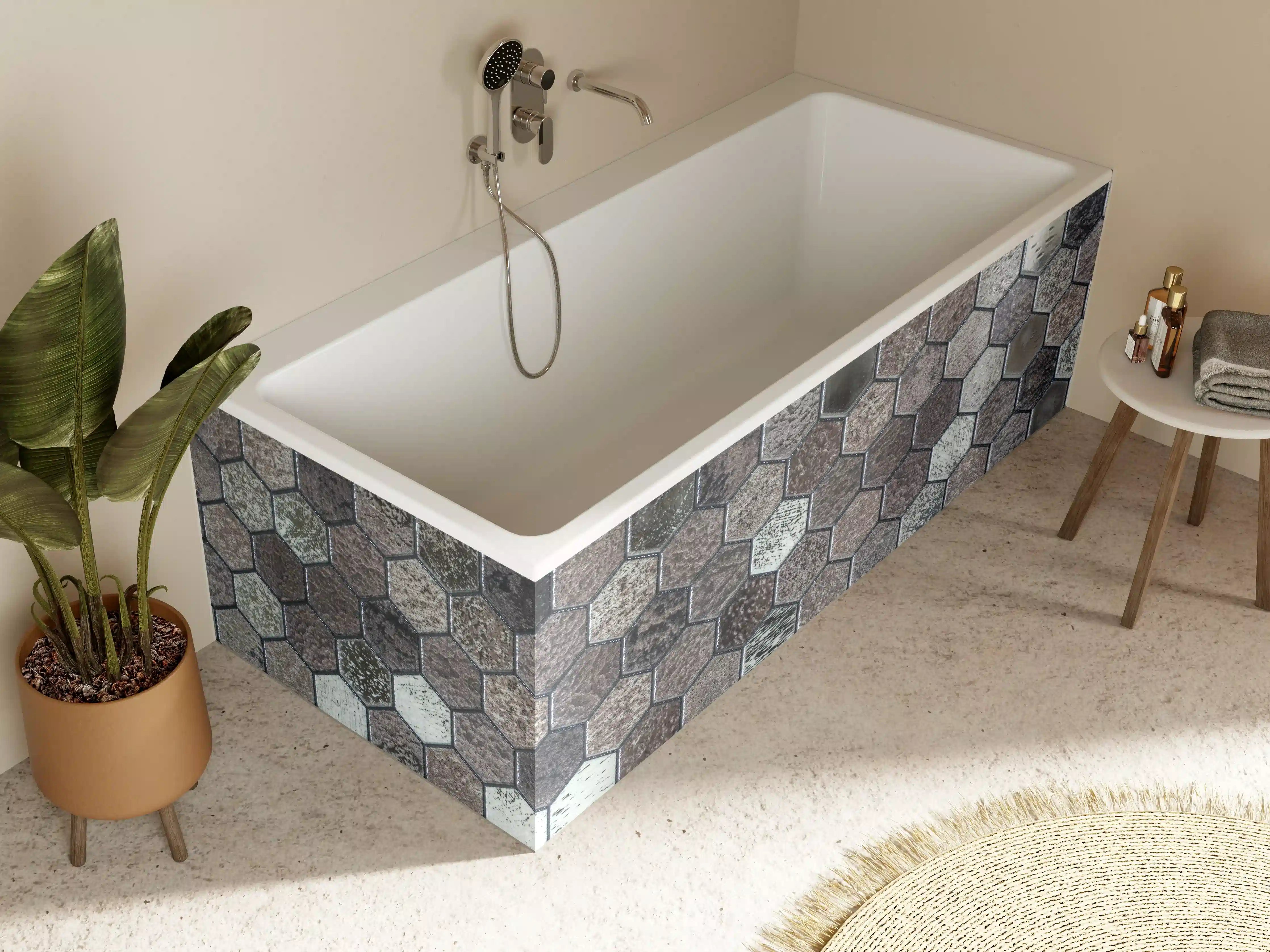 Badewannen-Rückwand - Hexagonale Fliesenmuster mit Naturstein-Optik