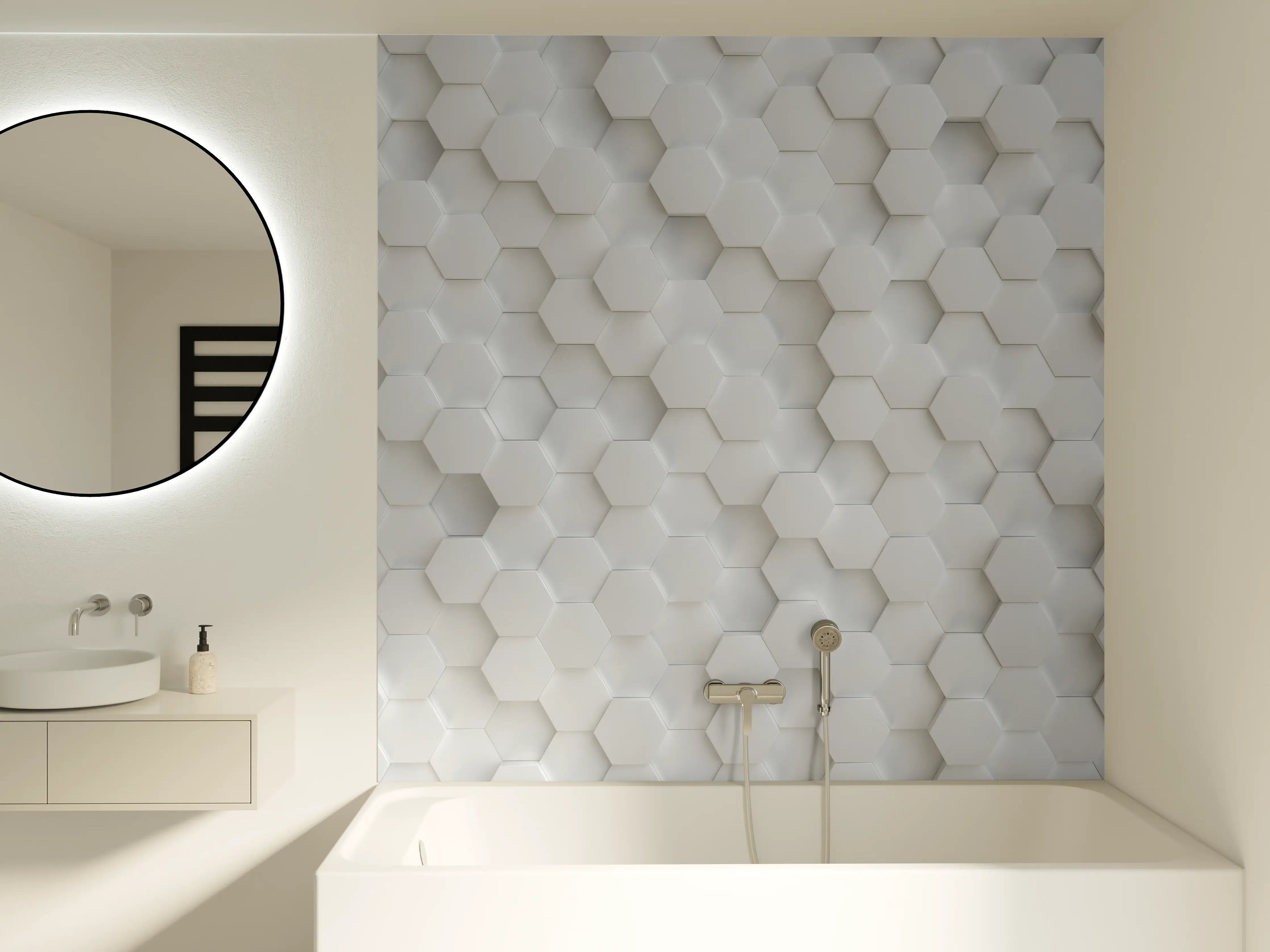 Badewannen-Rückwand - Hexagonale Hellgrau-Weiß Textur