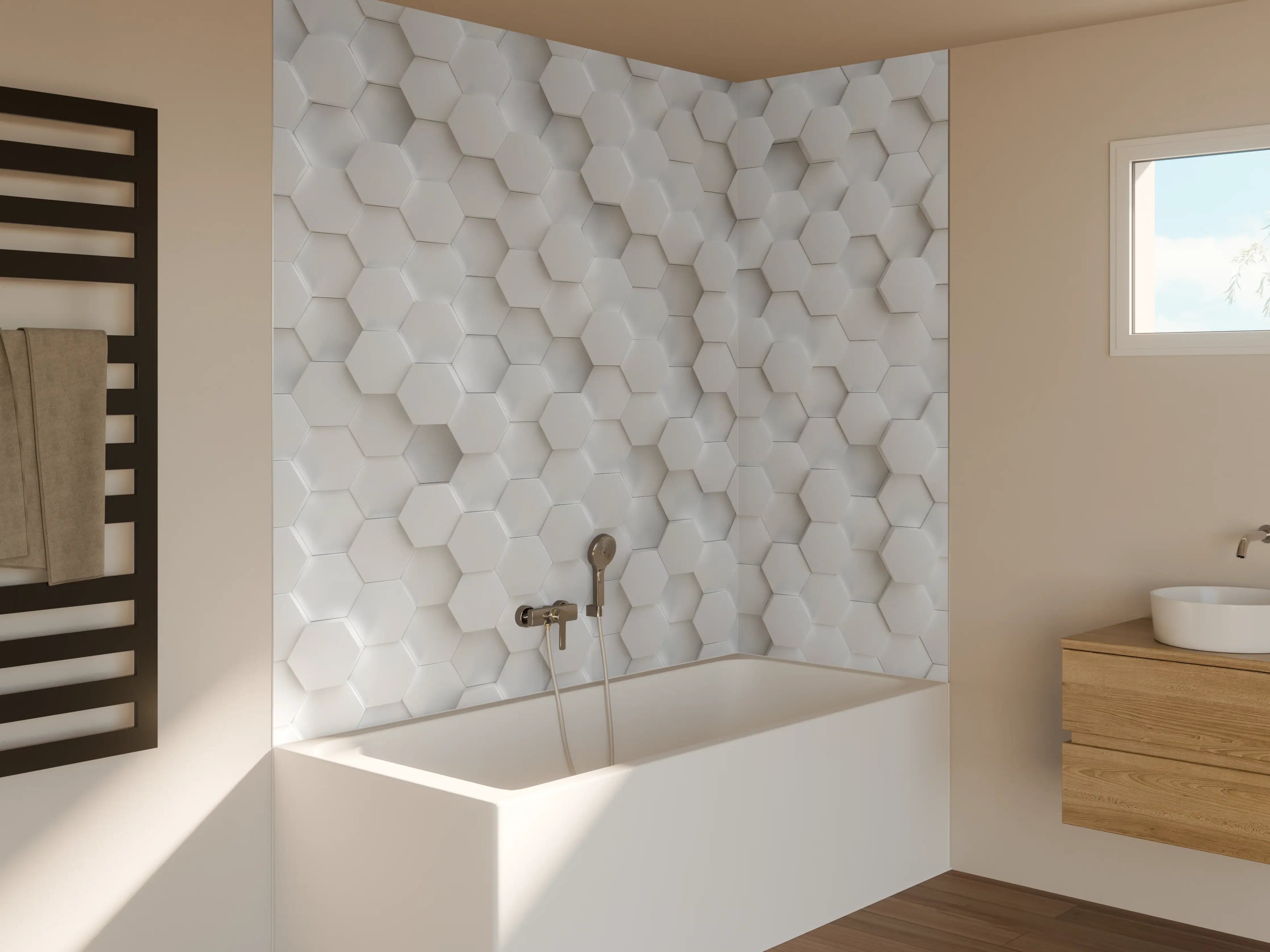 Badewannen-Rückwand - Hexagonale Hellgrau-Weiß Textur