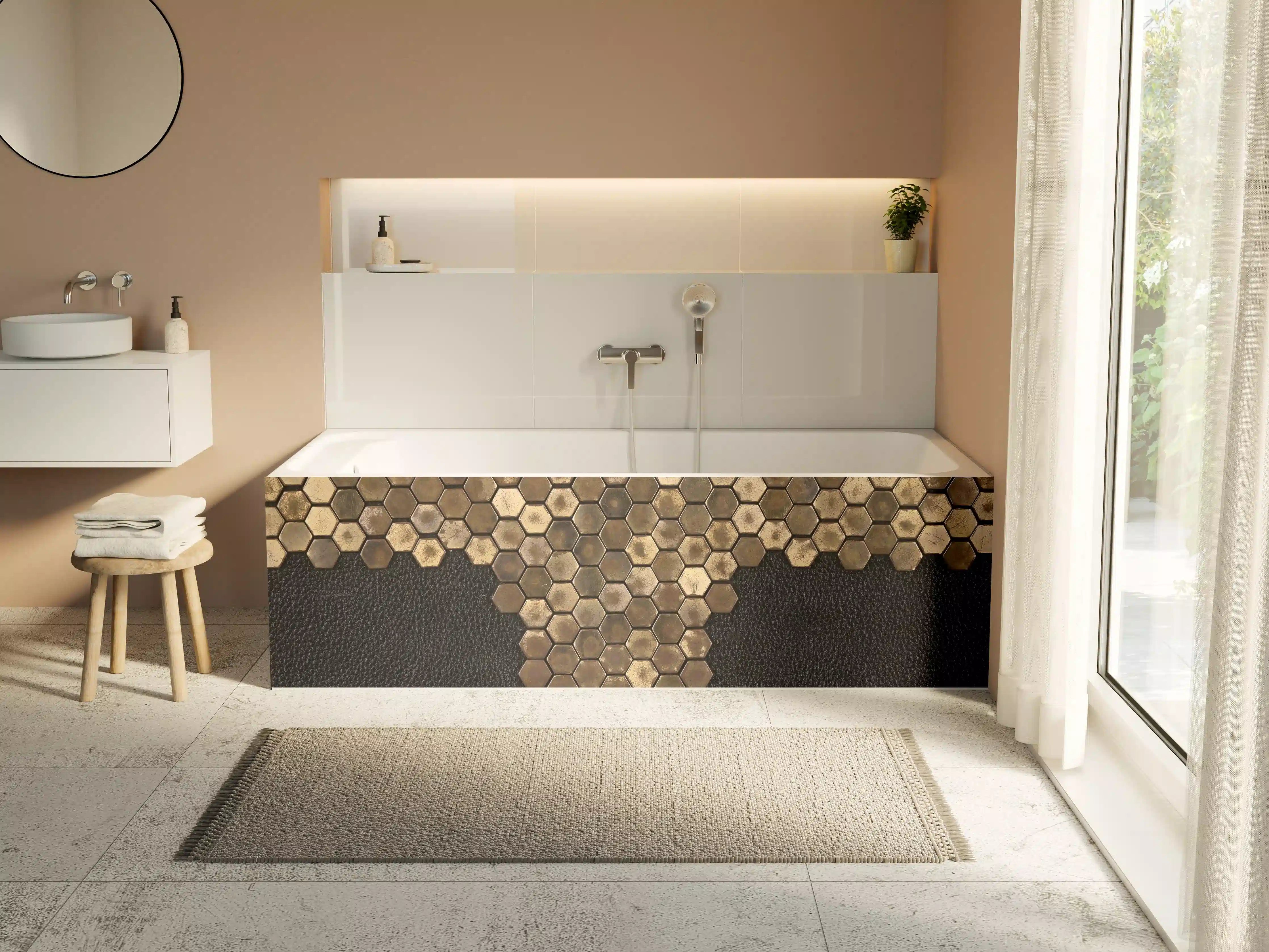 Badewannen-Rückwand - Hexagonale Holzmuster mit schwarzer Textur