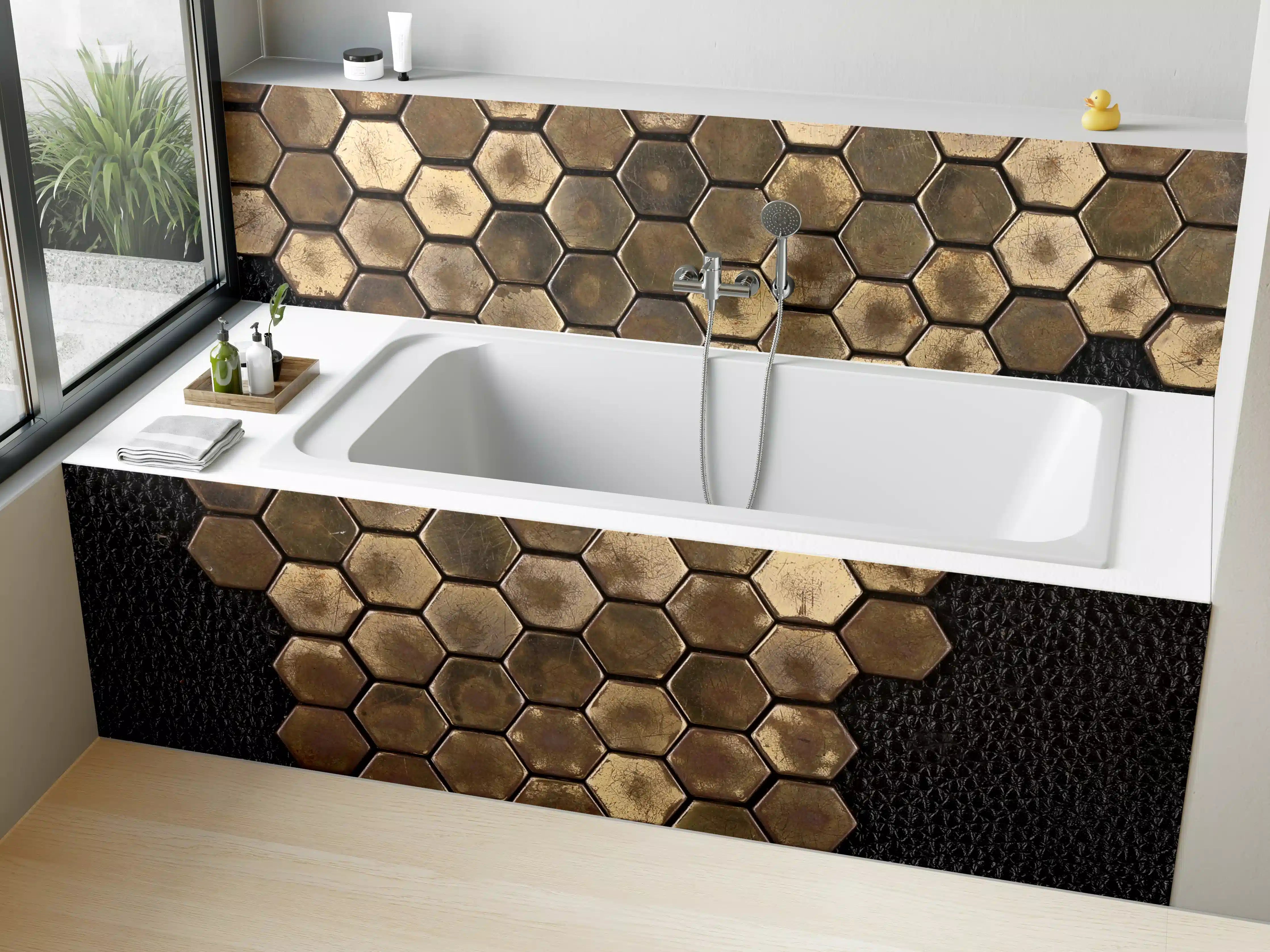 Badewannen-Rückwand - Hexagonale Holzmuster mit schwarzer Textur