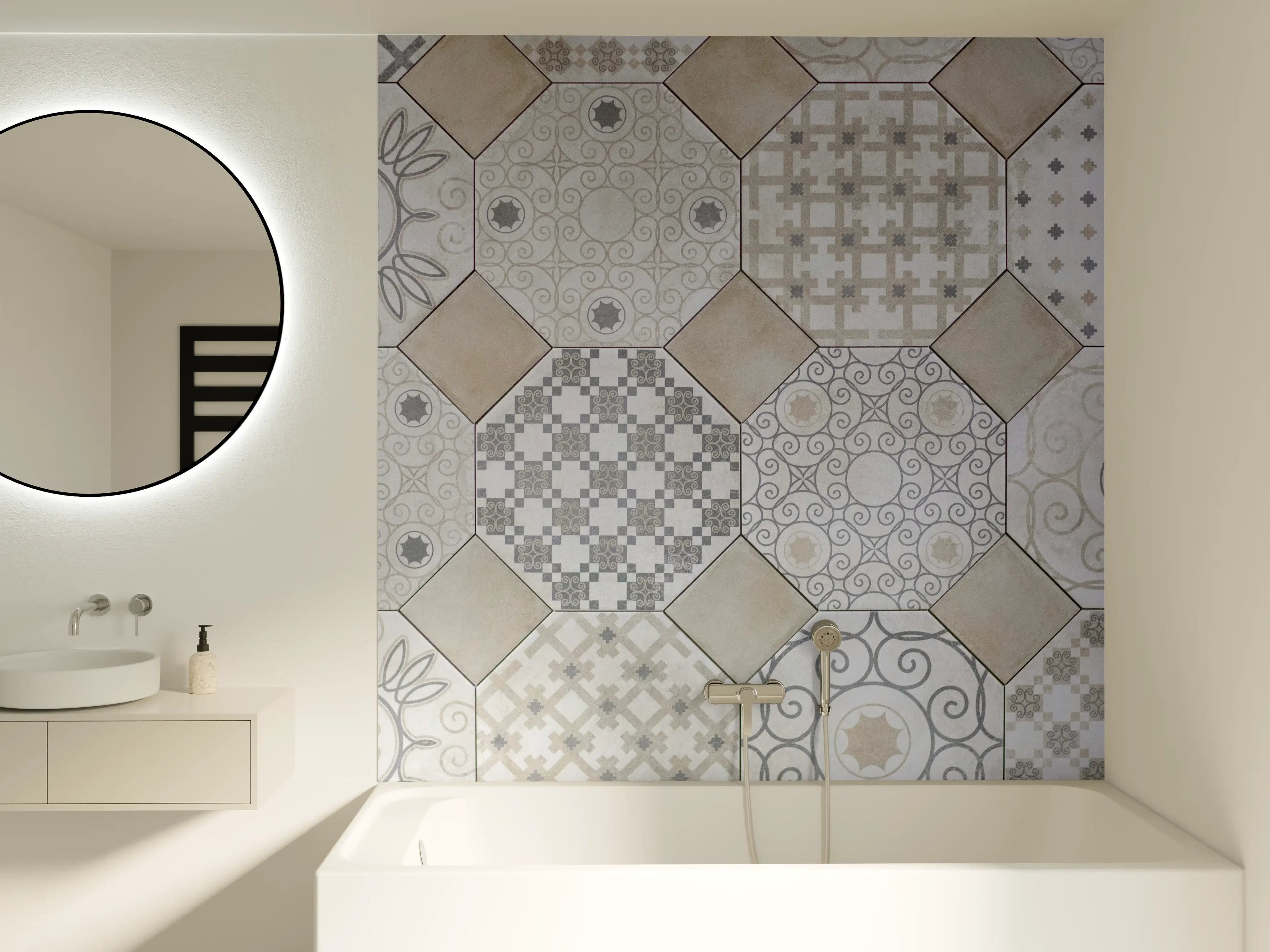 Badewannen-Rückwand - Hexagonale Weiß-Grau Fliesenmuster