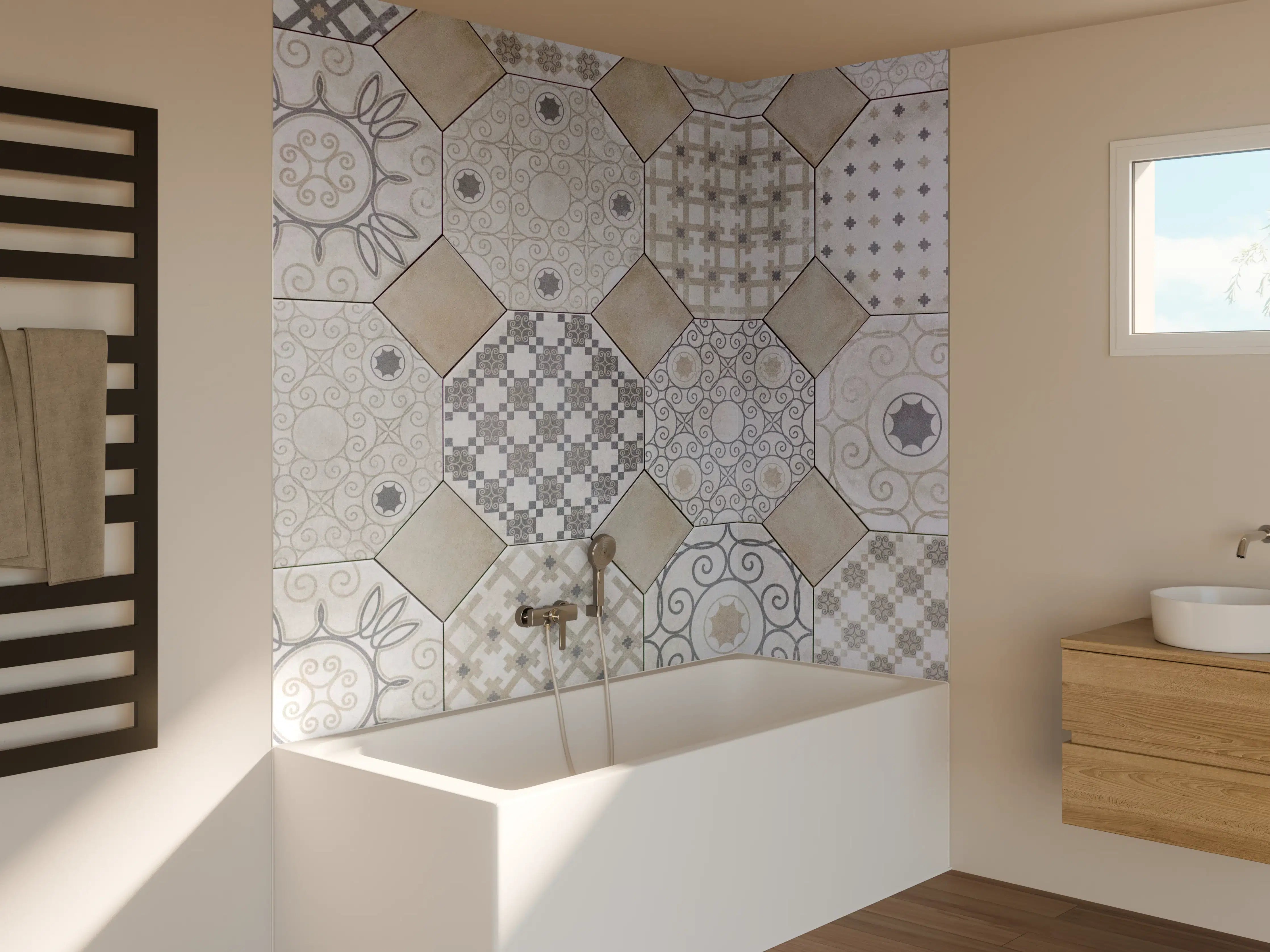 Badewannen-Rückwand - Hexagonale Weiß-Grau Fliesenmuster