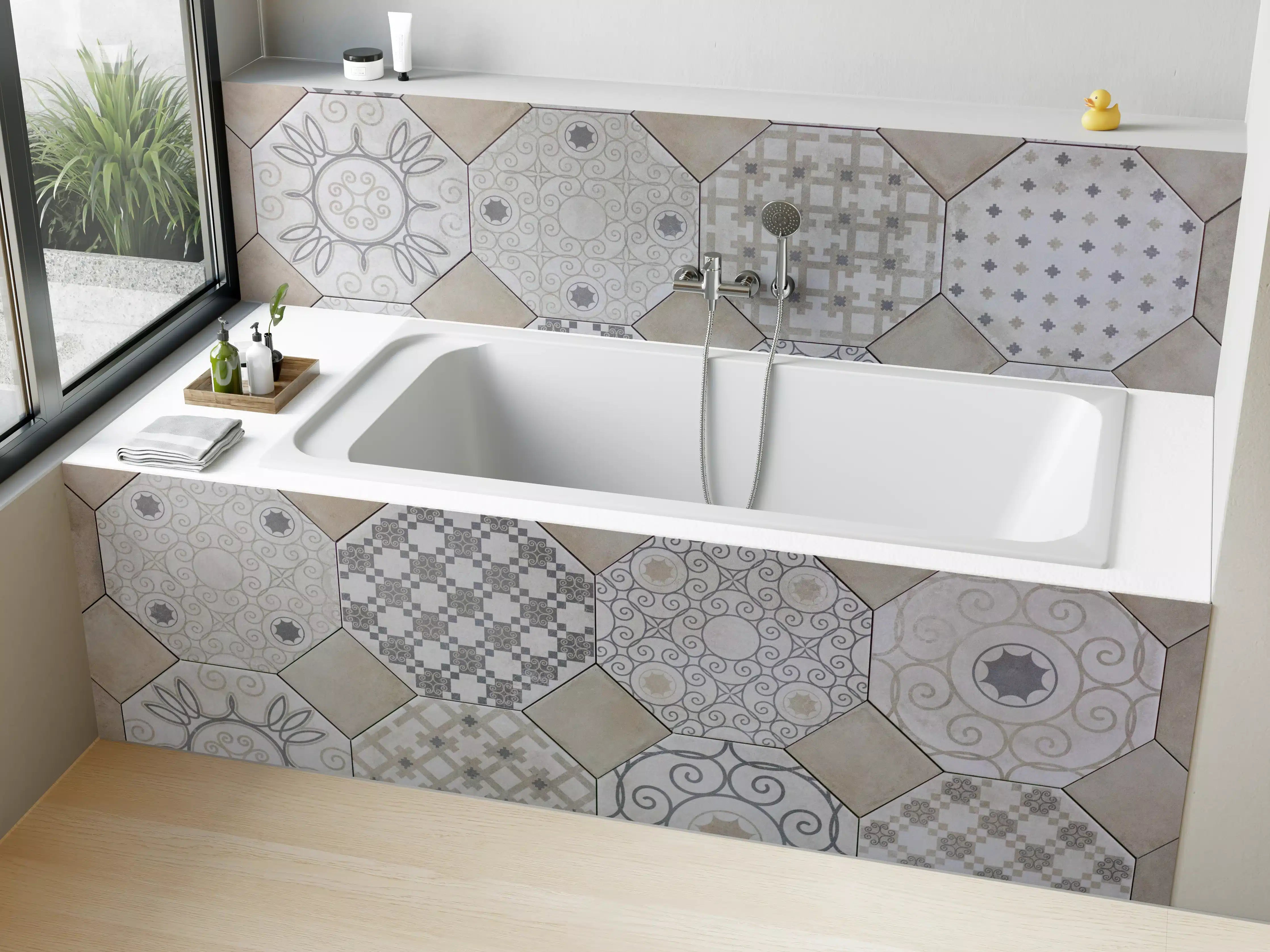 Badewannen-Rückwand - Hexagonale Weiß-Grau Fliesenmuster