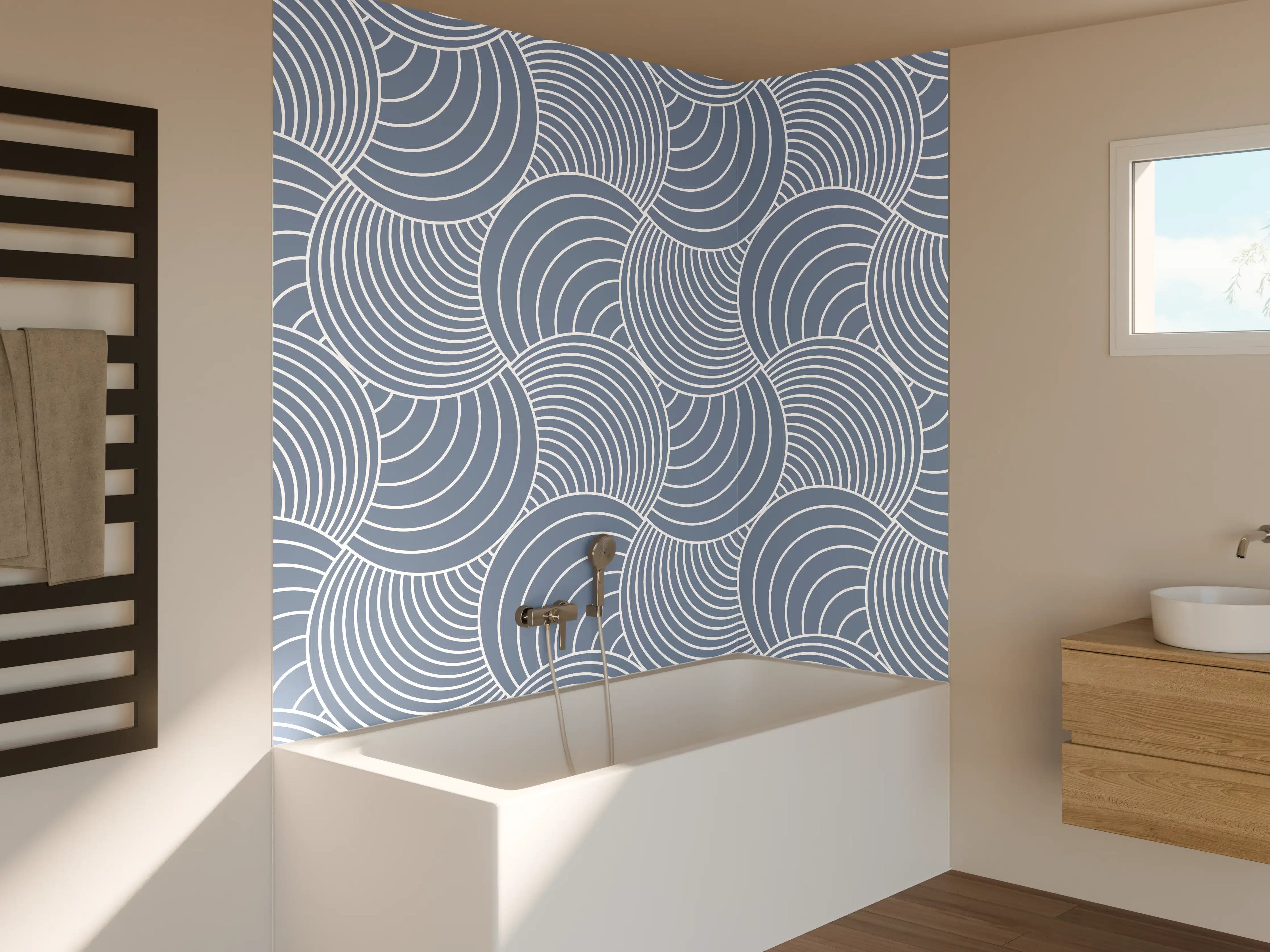 Badewannen-Rückwand - Himmelblaue geometrische Musterfliese