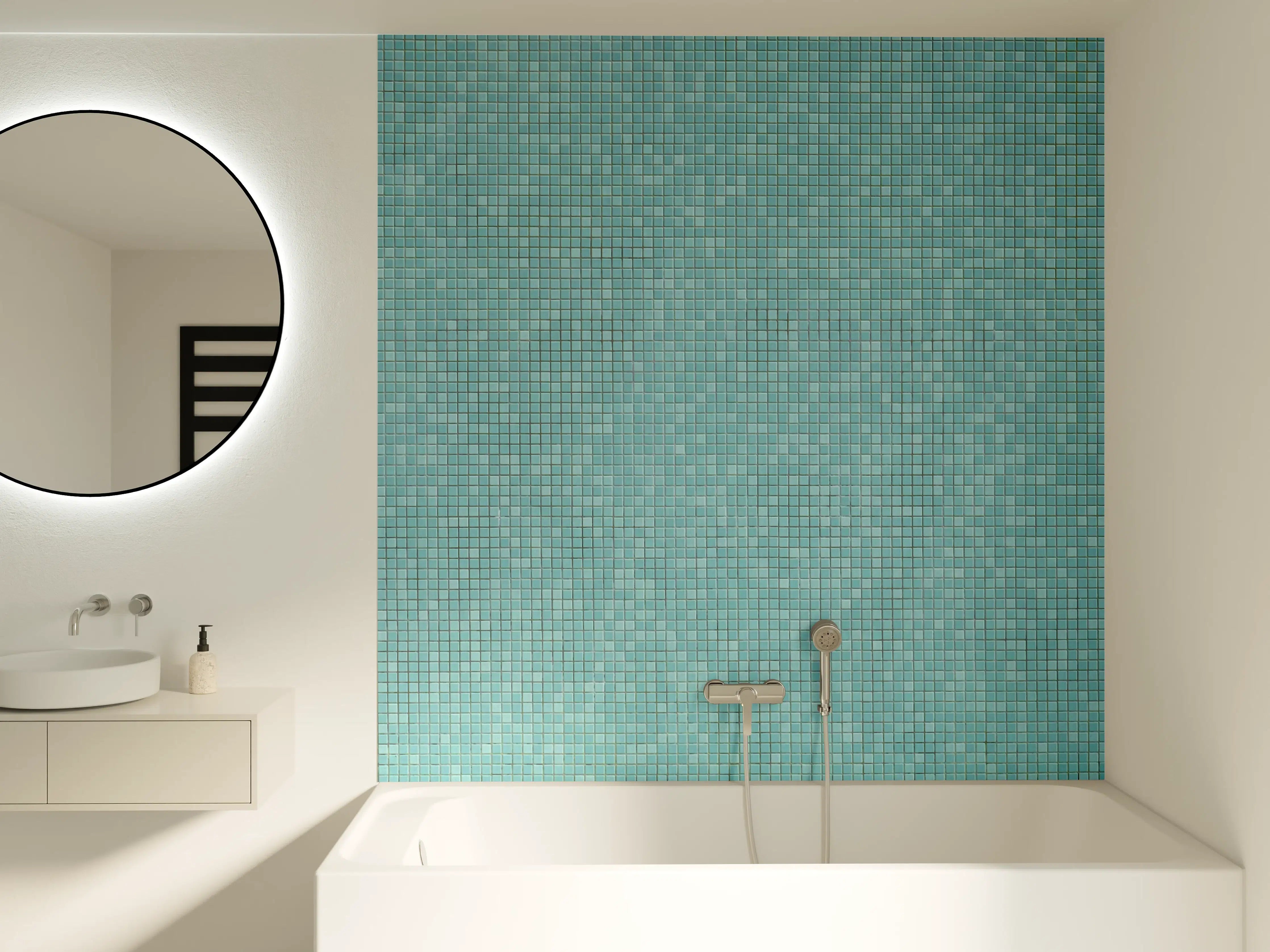 Badewannen-Rückwand - Himmelsblaue Mosaikfliese mit feiner Struktur