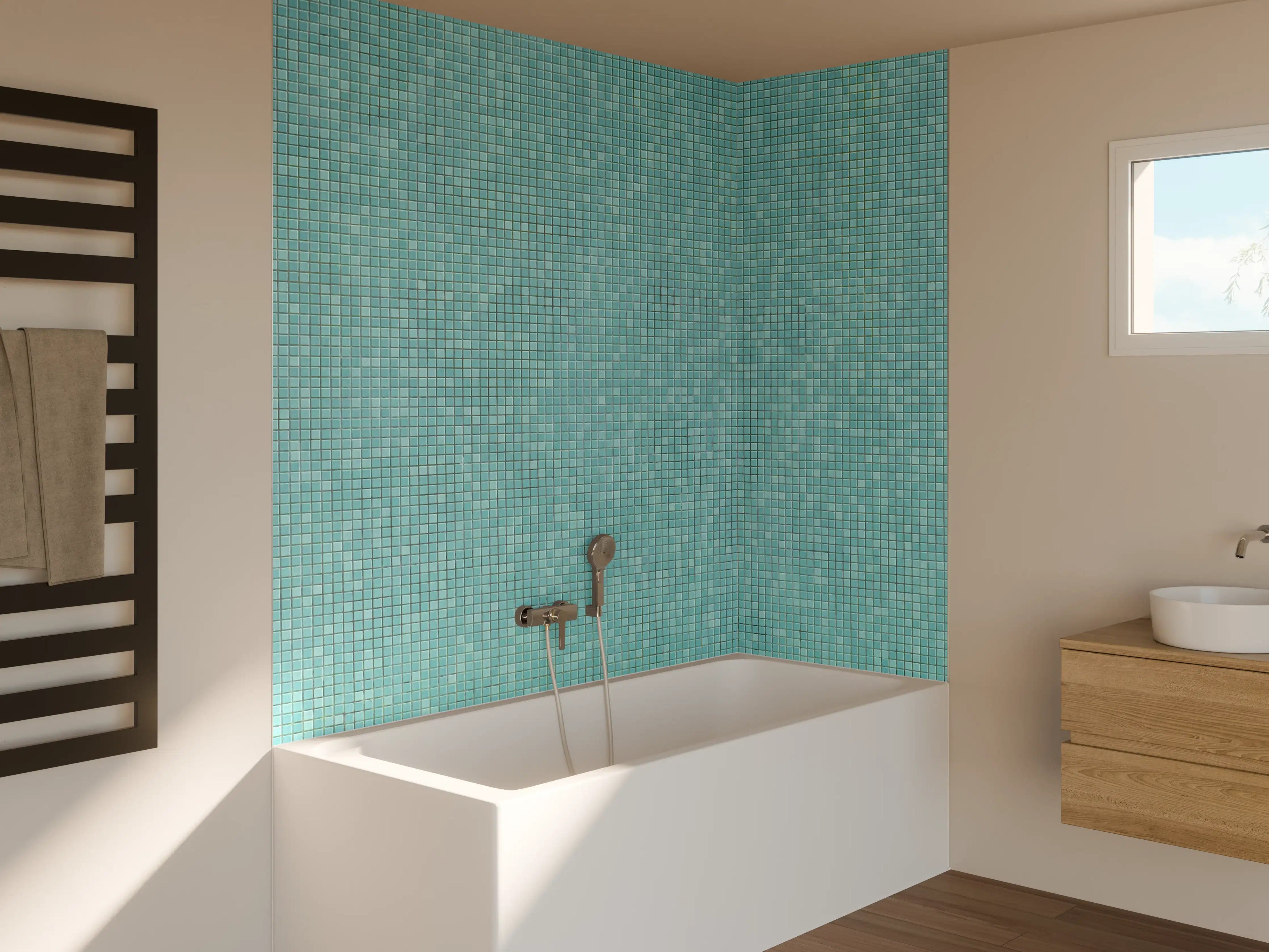 Badewannen-Rückwand - Himmelsblaue Mosaikfliese mit feiner Struktur