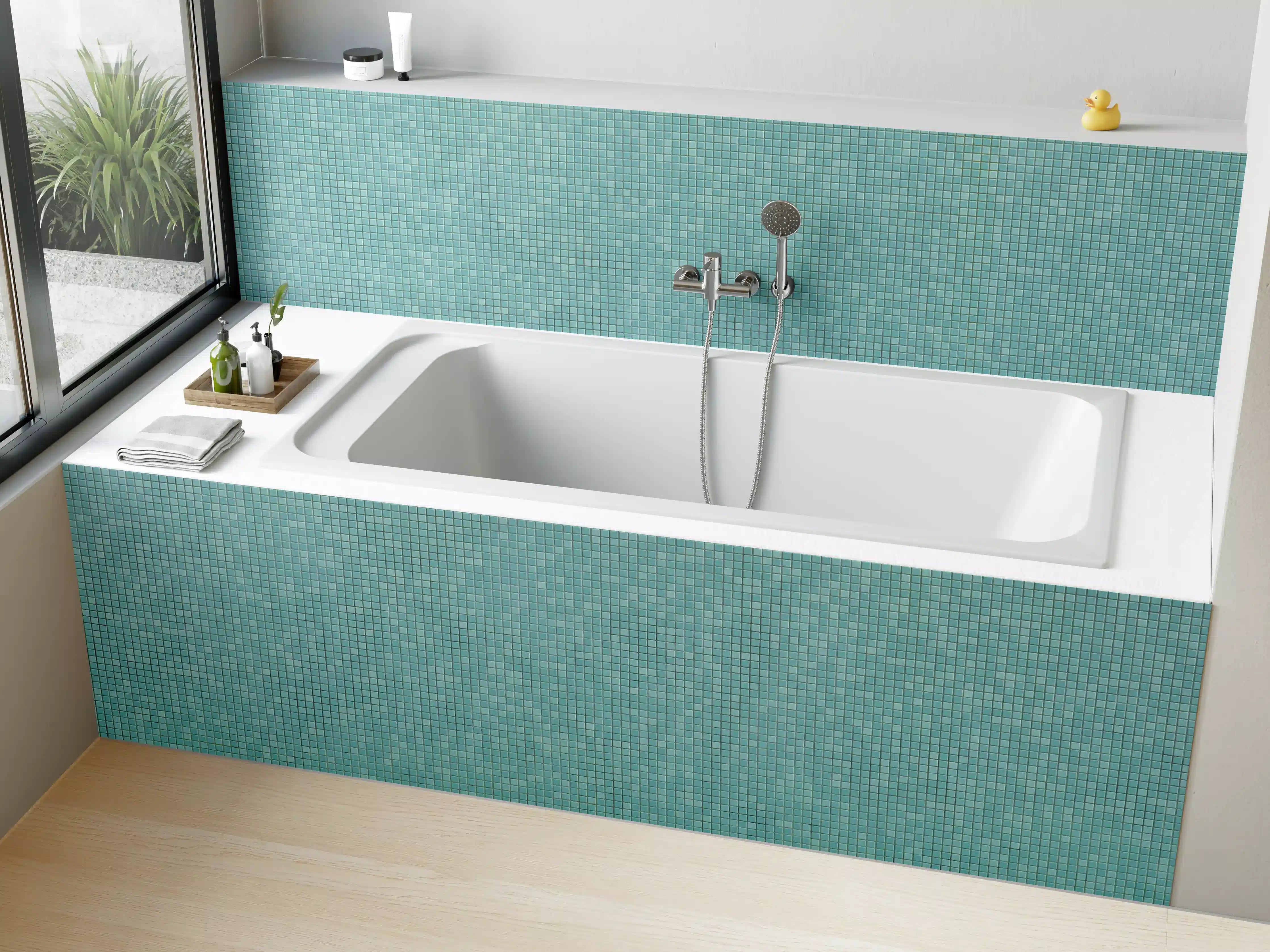 Badewannen-Rückwand - Himmelsblaue Mosaikfliese mit feiner Struktur