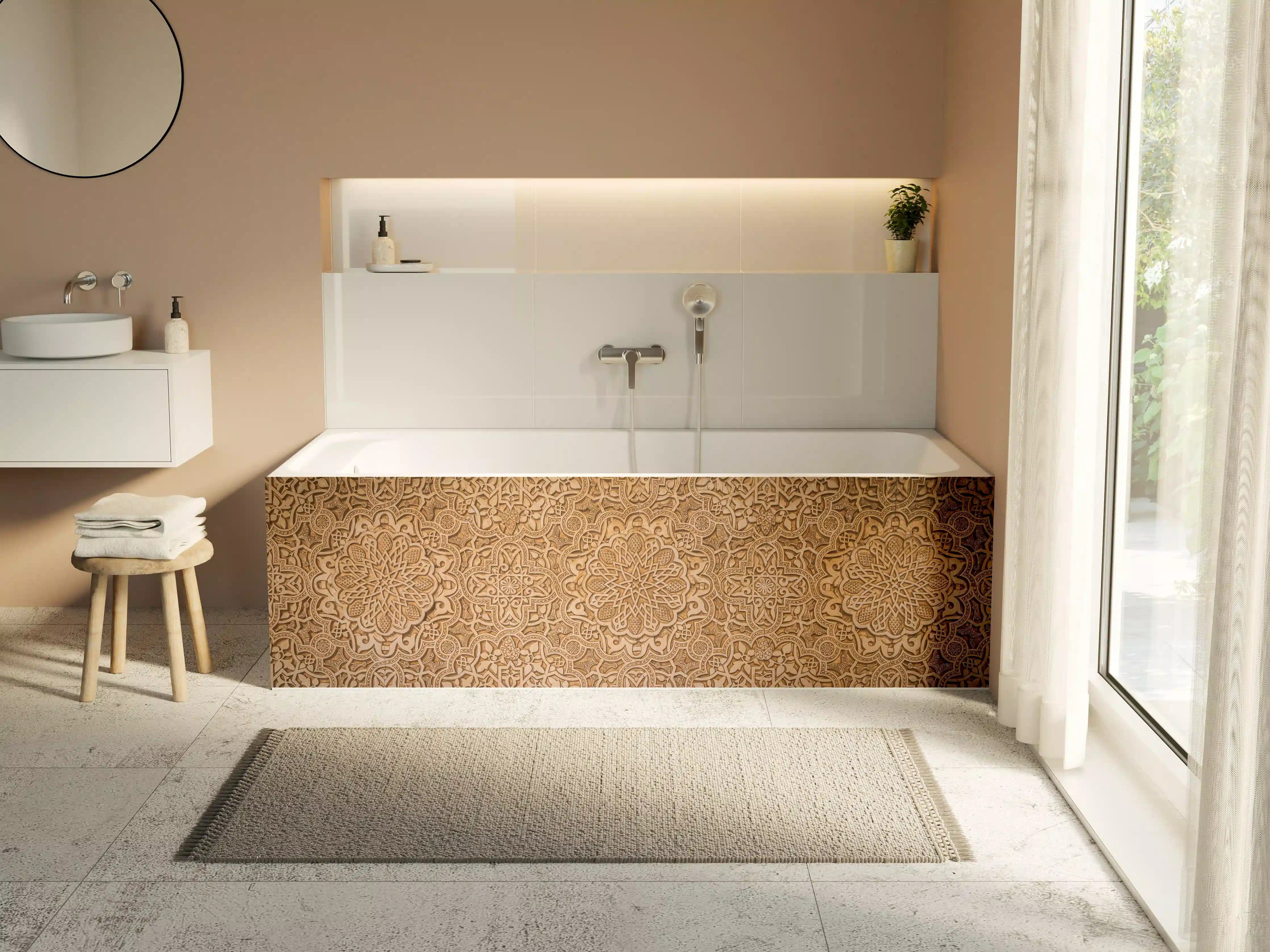 Badewannen-Rückwand - Hintergrund mit kunstvoller Holz-Reliefstruktur