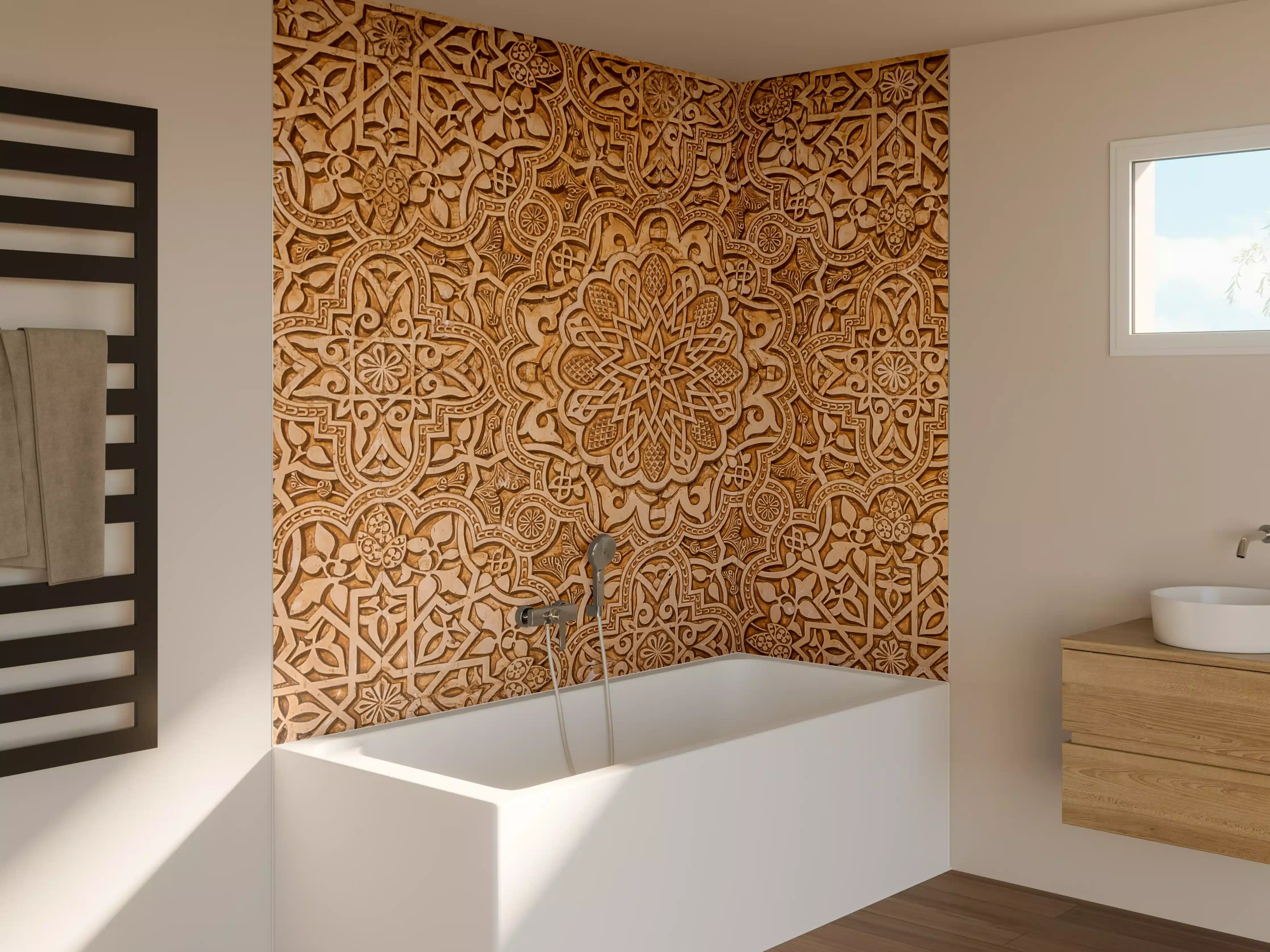 Badewannen-Rückwand - Hintergrund mit kunstvoller Holz-Reliefstruktur