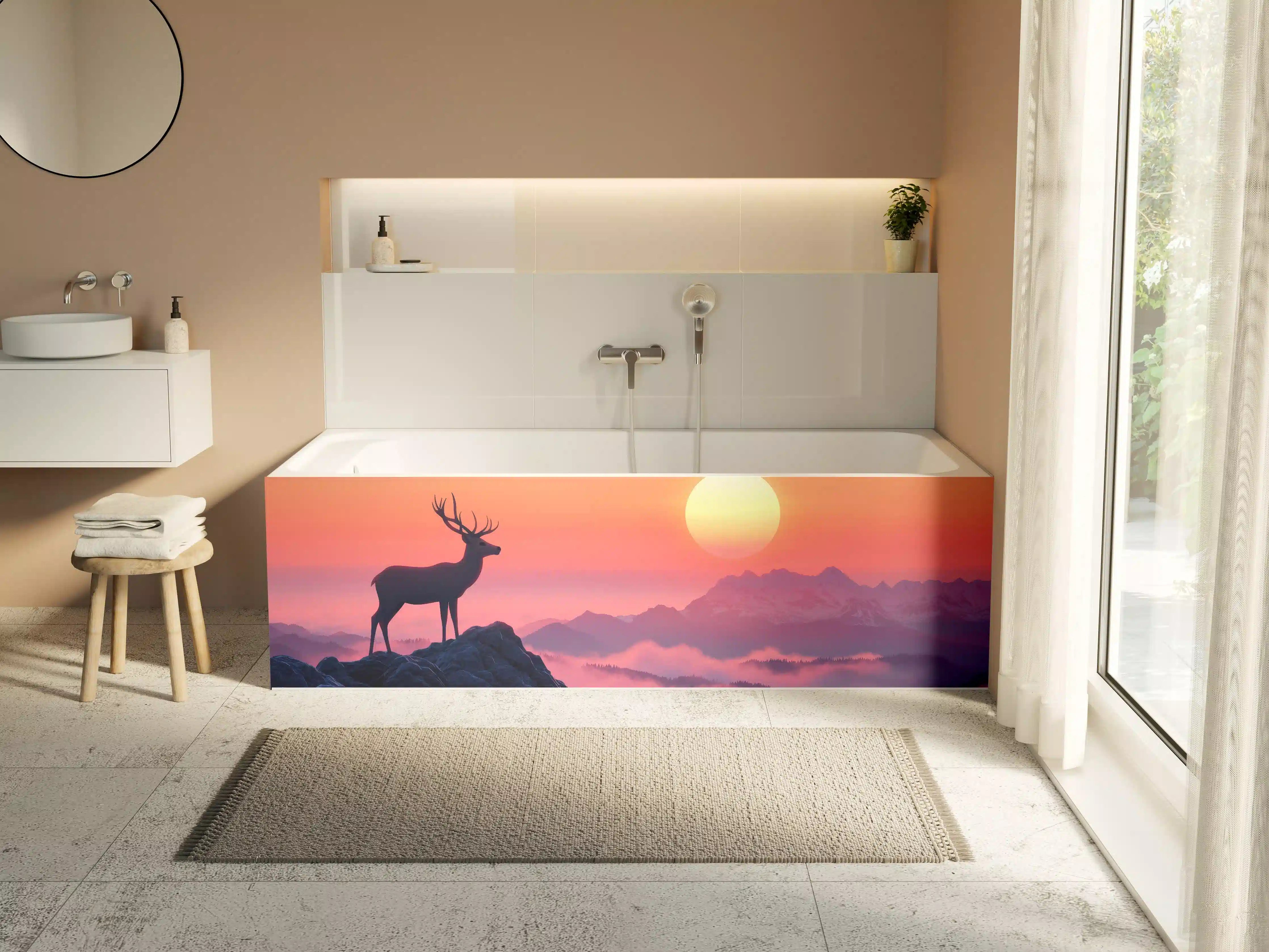 Badewannen-Rückwand - Hirsch-Silhouette Sonnenaufgang Orange-Pink