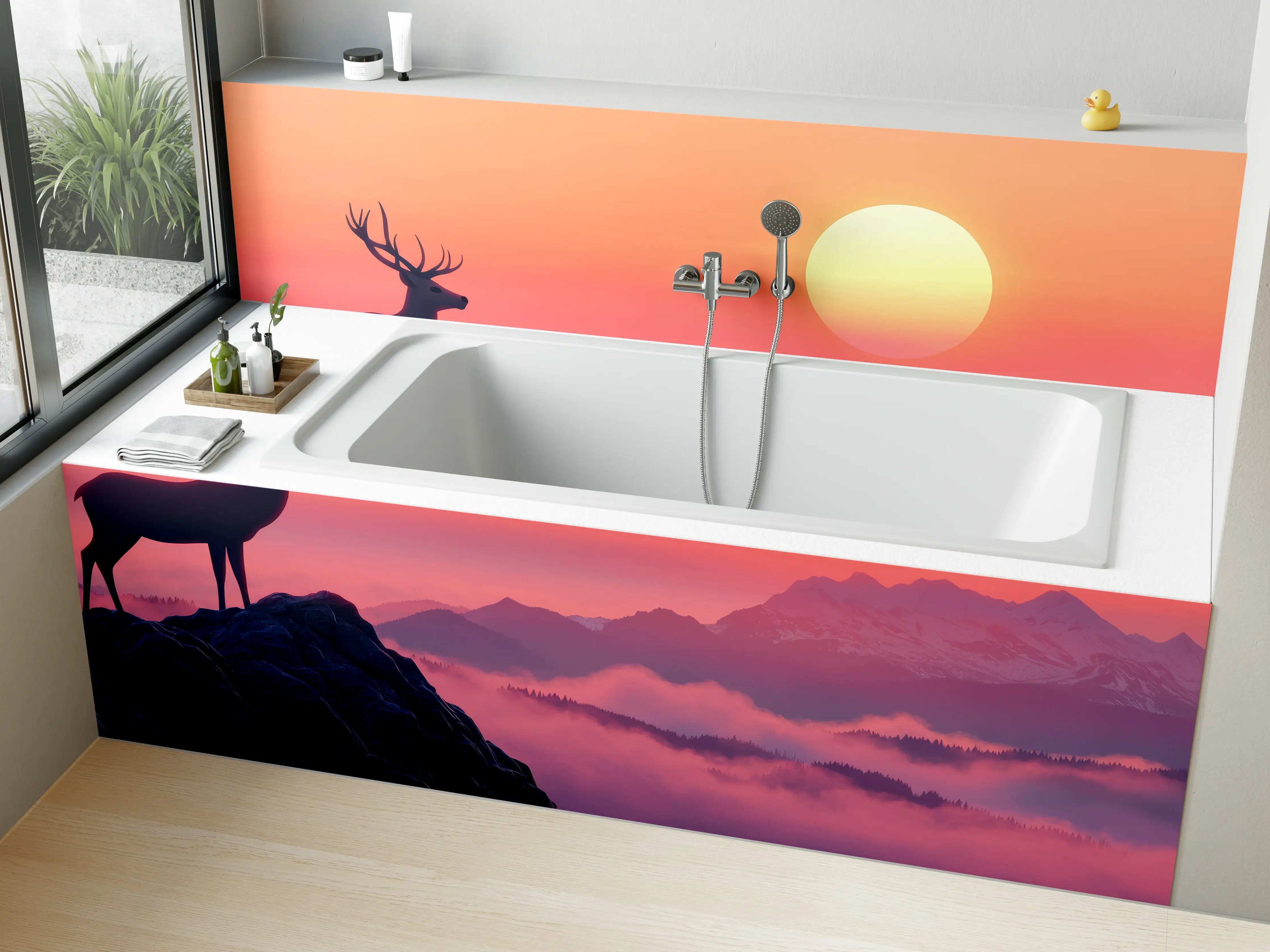 Badewannen-Rückwand - Hirsch-Silhouette Sonnenaufgang Orange-Pink