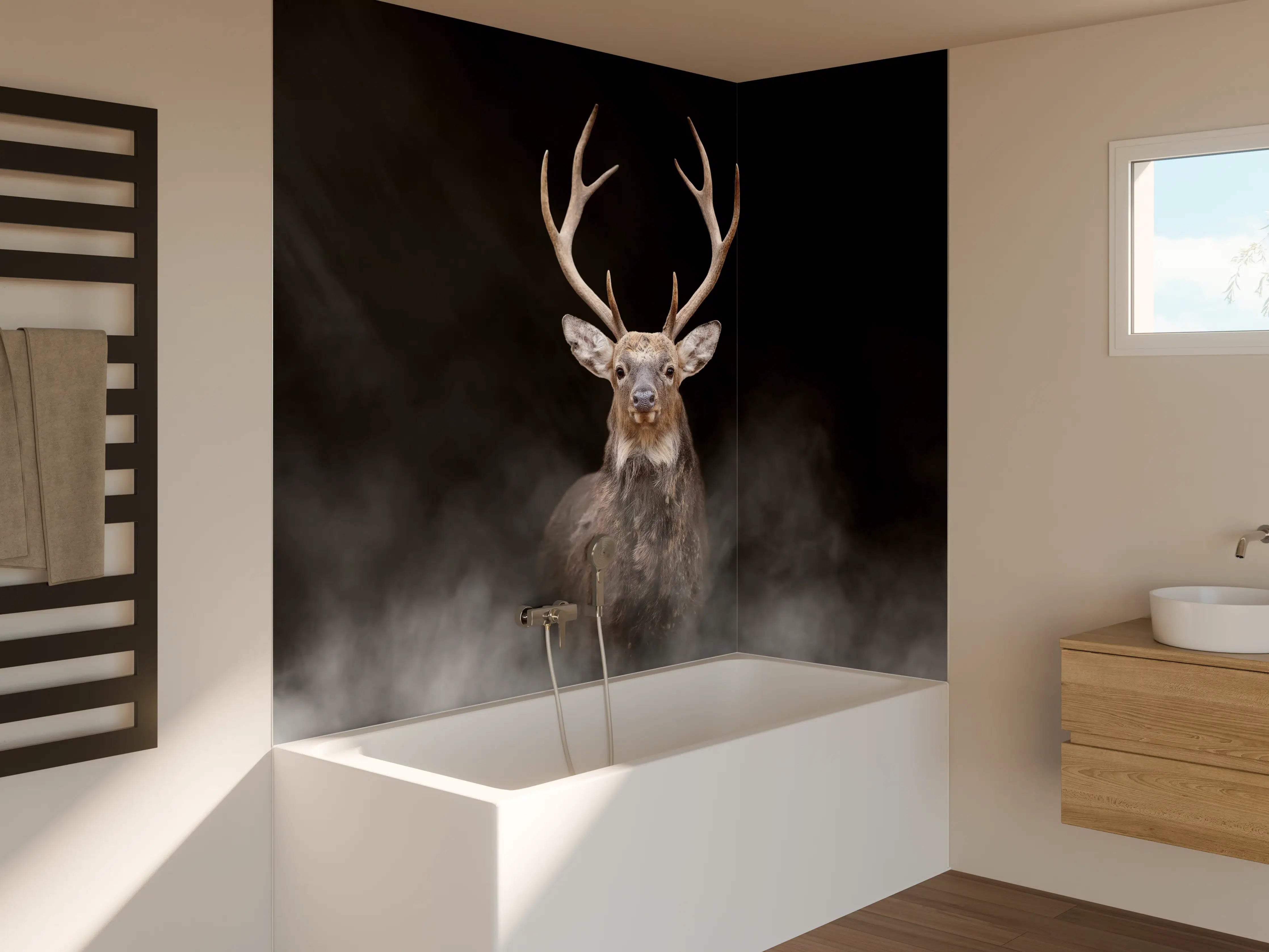 Badewannen-Rückwand - Hirsch frontal im Nebel